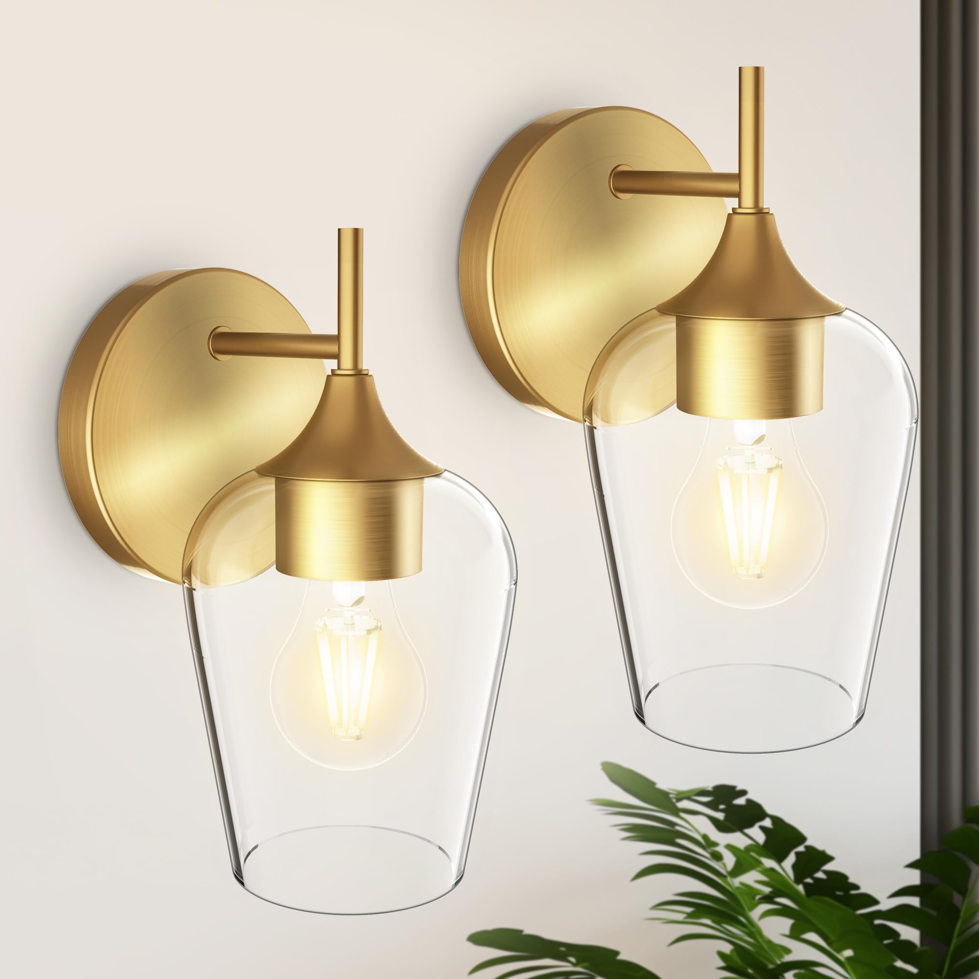 Hamilyeah Gold Wall Sconces Set of 2, Modern Vintage Brass Lighting with Clear Champagne Glass Shade for Bathroom, Bedroom, Kitchen
