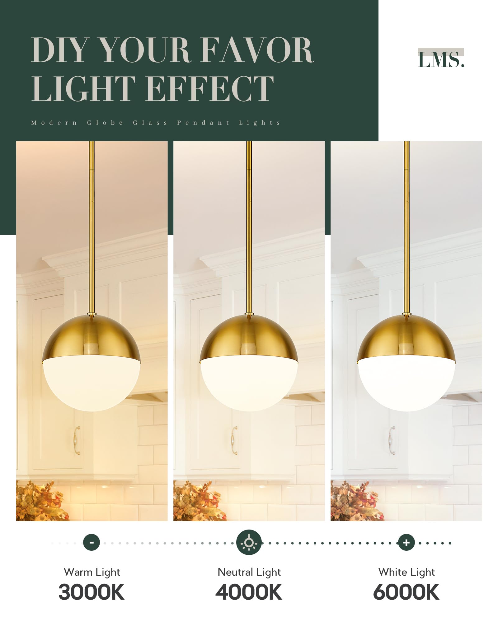 LMS Modern Gold Globe Pendant Light Fixture, 8" Glass Chandelier, Adjustable Indoor Lighting for Kitchen Island, Model LMS-187