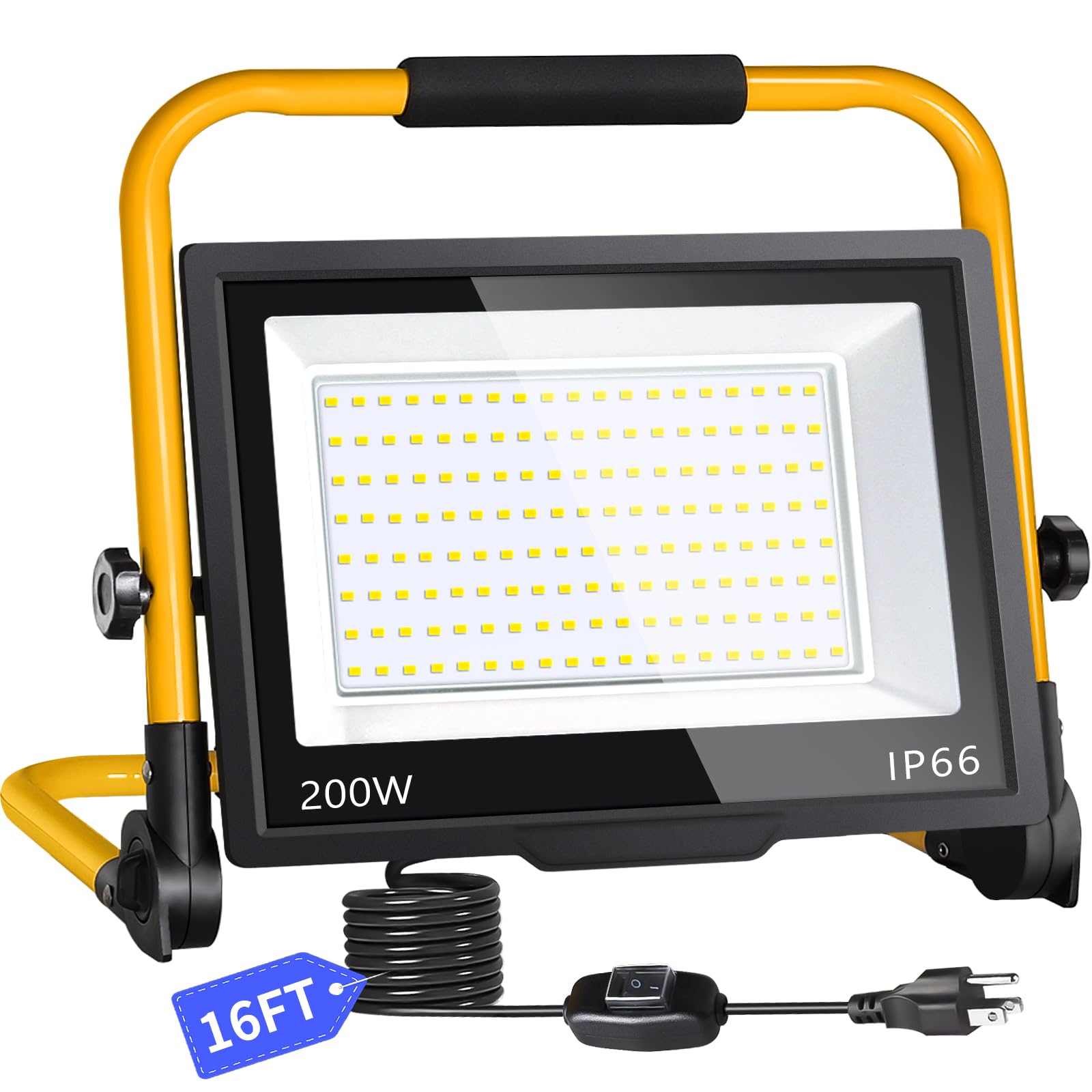 200W LED Work Light, 24000LM Ultra Brighter Flood Light with 16ft Cord Switch, Portable Working Light with Stand, 5000K IP66 Wat