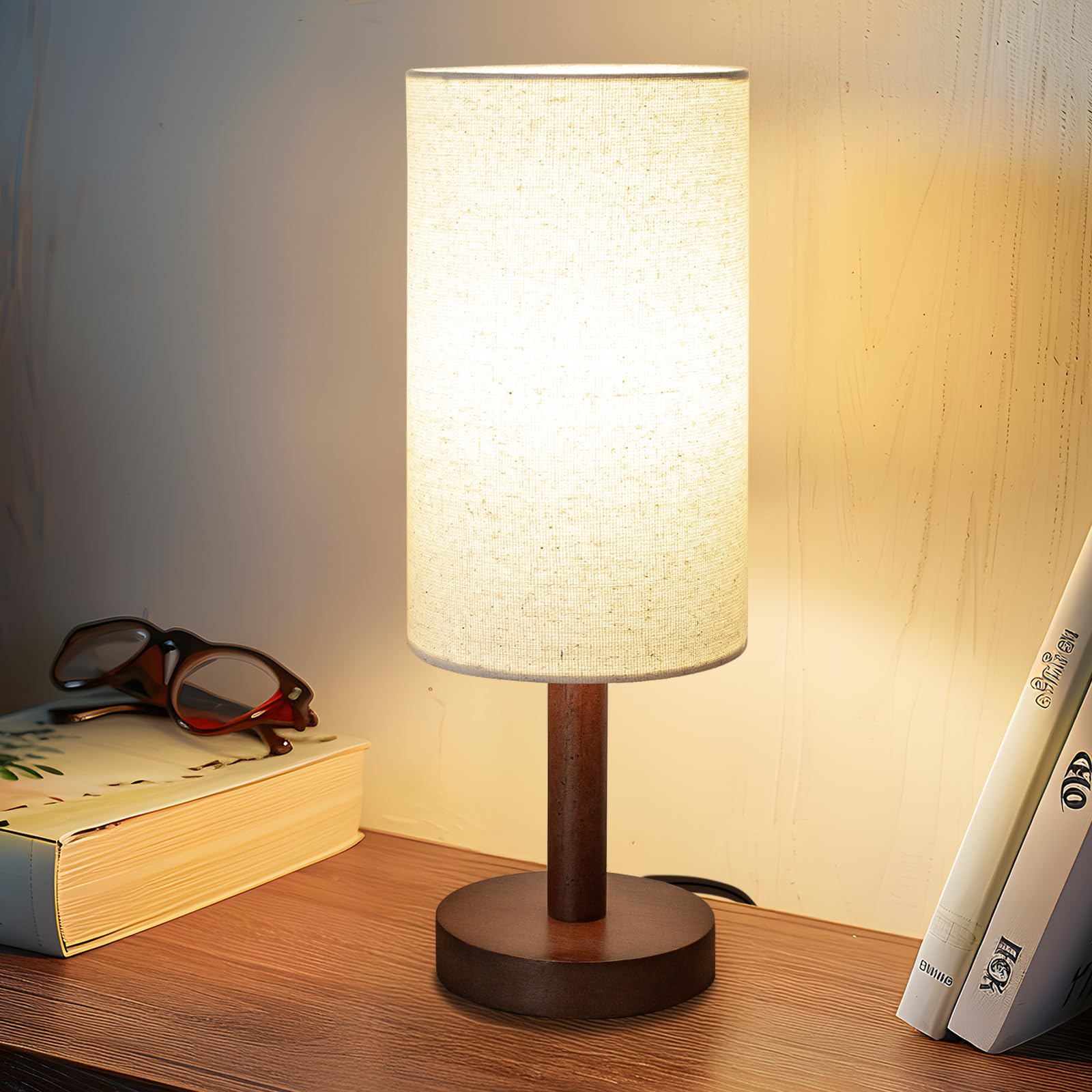 Small Table Lamp For Bedroom, Nightstand Lamp Linen Lampshade Bedroom Wood Base Small Bedside Lamp For Night Stands, Desk Lamps 