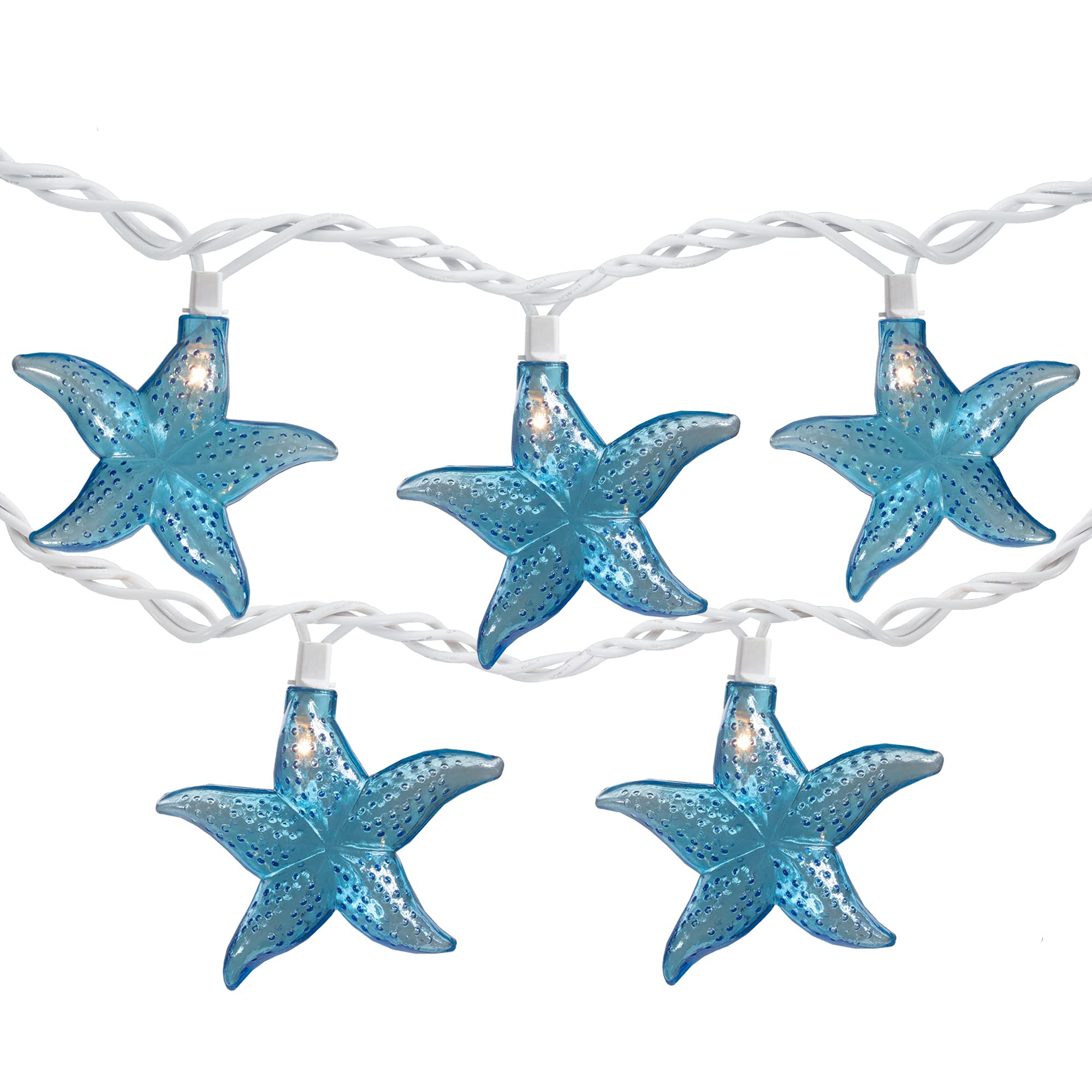 Set of 10 Blue Starfish Novelty String Lights - 9ft White Wire