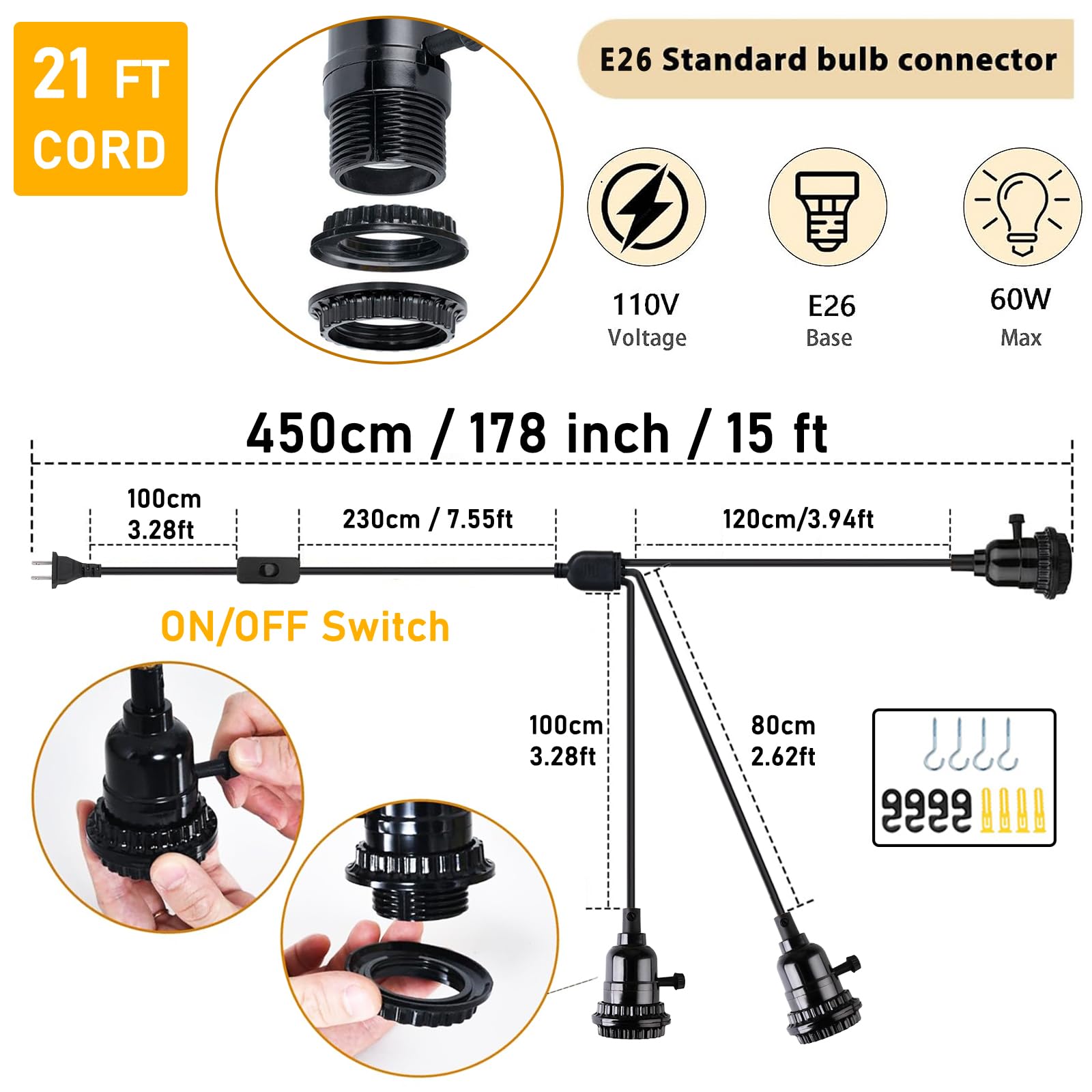 Ditedy 3-Light Plug In Pendant Light Kit, Hanging Lights With Plug In Cord 21Ft Hanging Lamp Cord With On/Off Switch, Diy Vintag