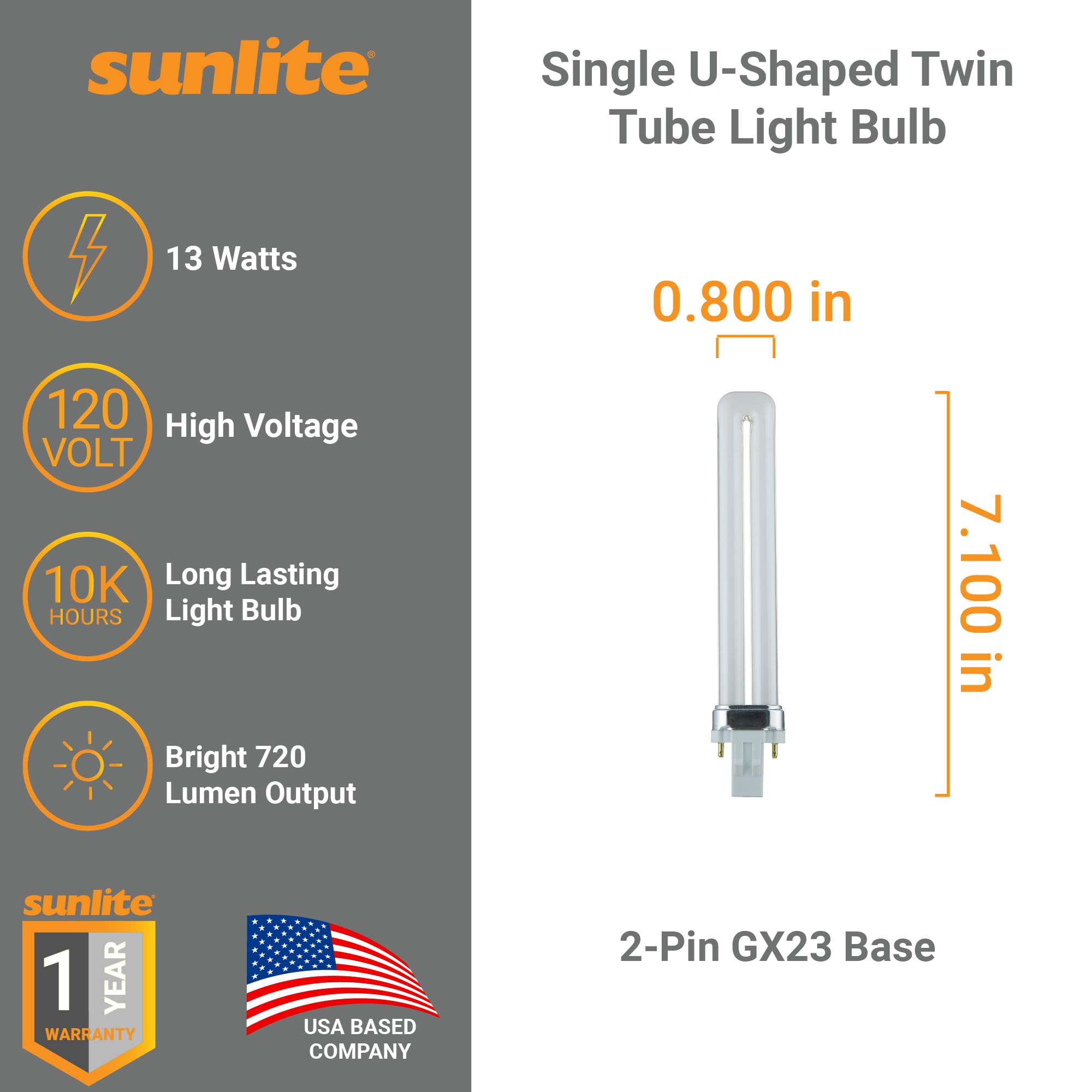 Sunlite PL13/SP30K Compact Fluorescent Single U-Shaped Twin Tube Light Bulb, 13 Watts, 120 Volts, 720 Lumens, 2-Pin GX23 Base, 3