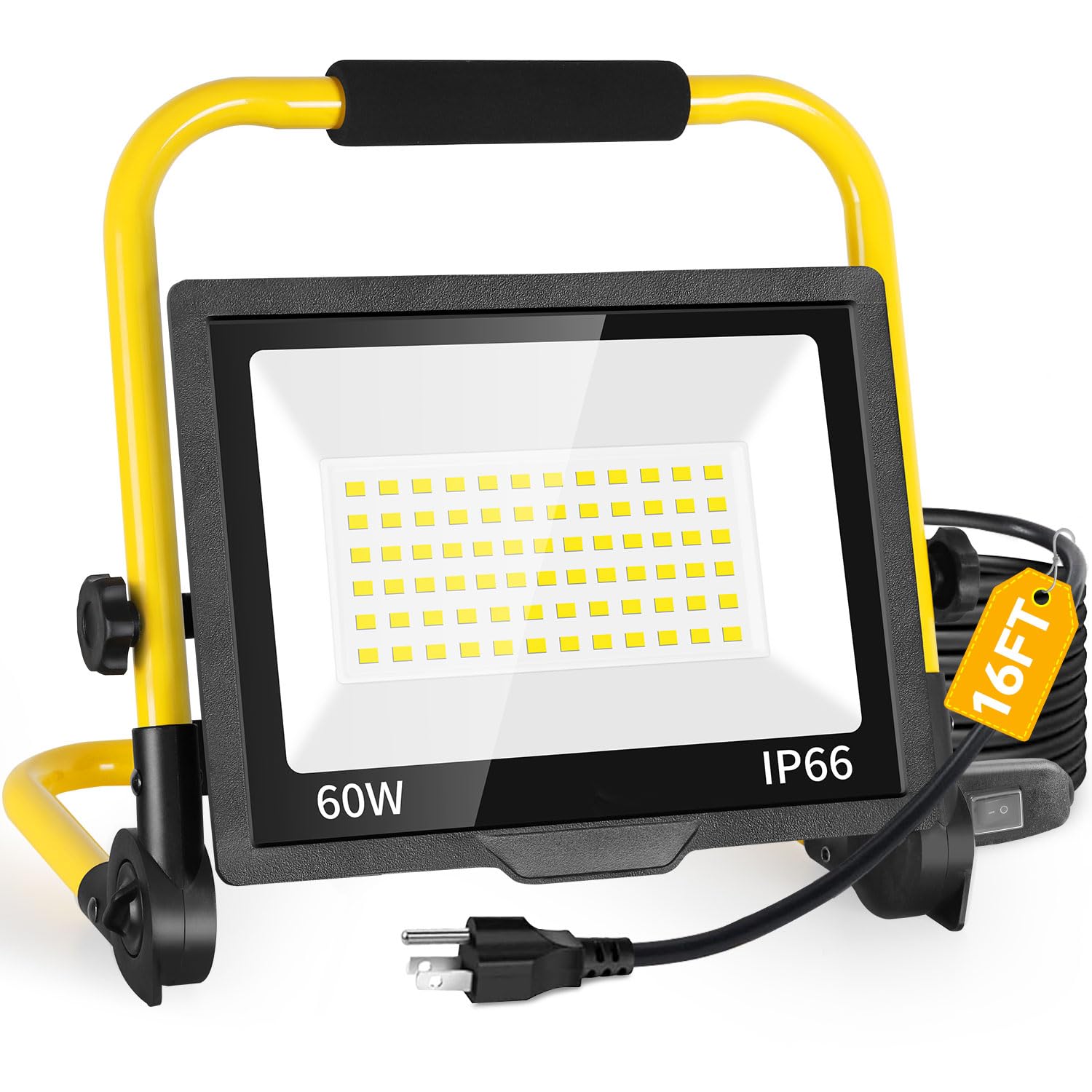 60W LED Work Light, 7200 LM Outdoor Flood Light with 16ft Cord & Switch, IP66 Waterproof Portable Job Site Light with Stand, 500