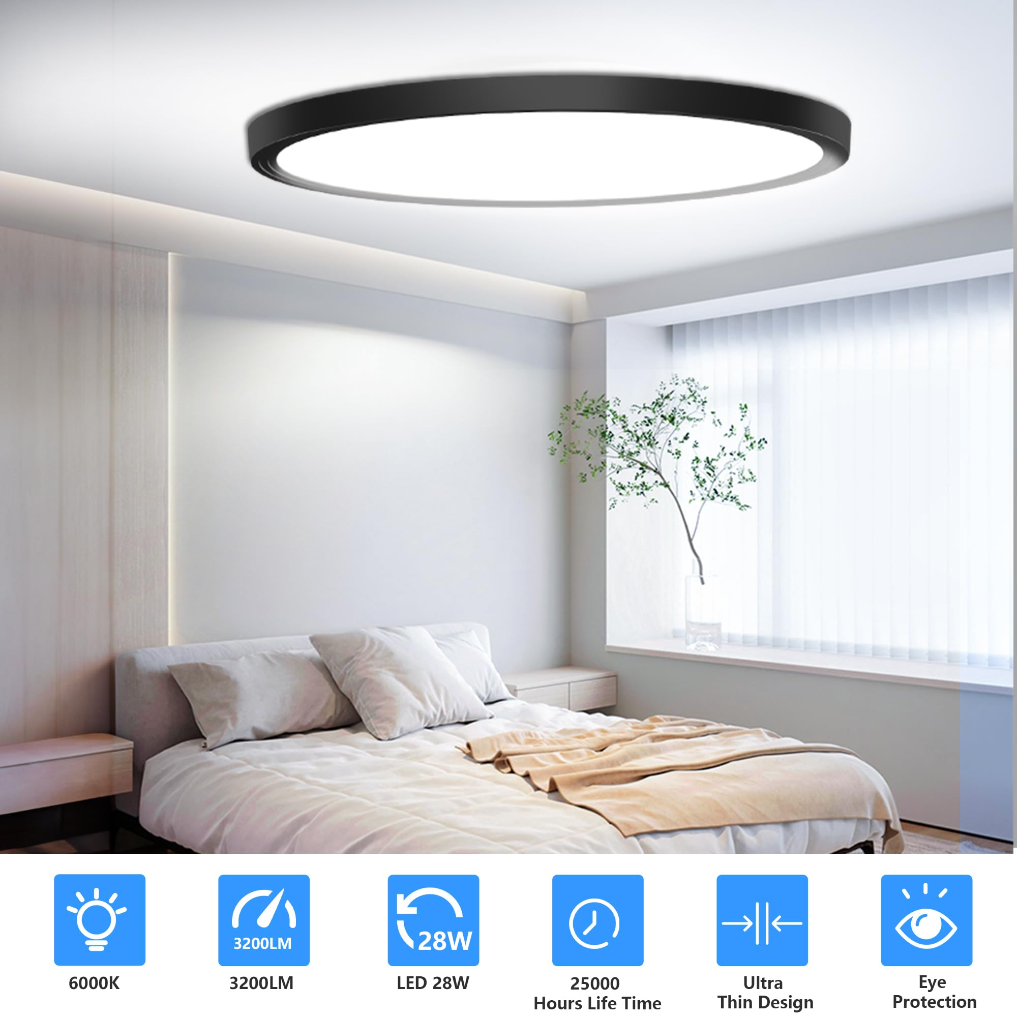 Dealgadgets Flush Mount Ceiling Light Fixtures,12Inch Flat Led Light For Ceiling,6500K 3200Lm Ultra Thin Round Black Lamp For Be