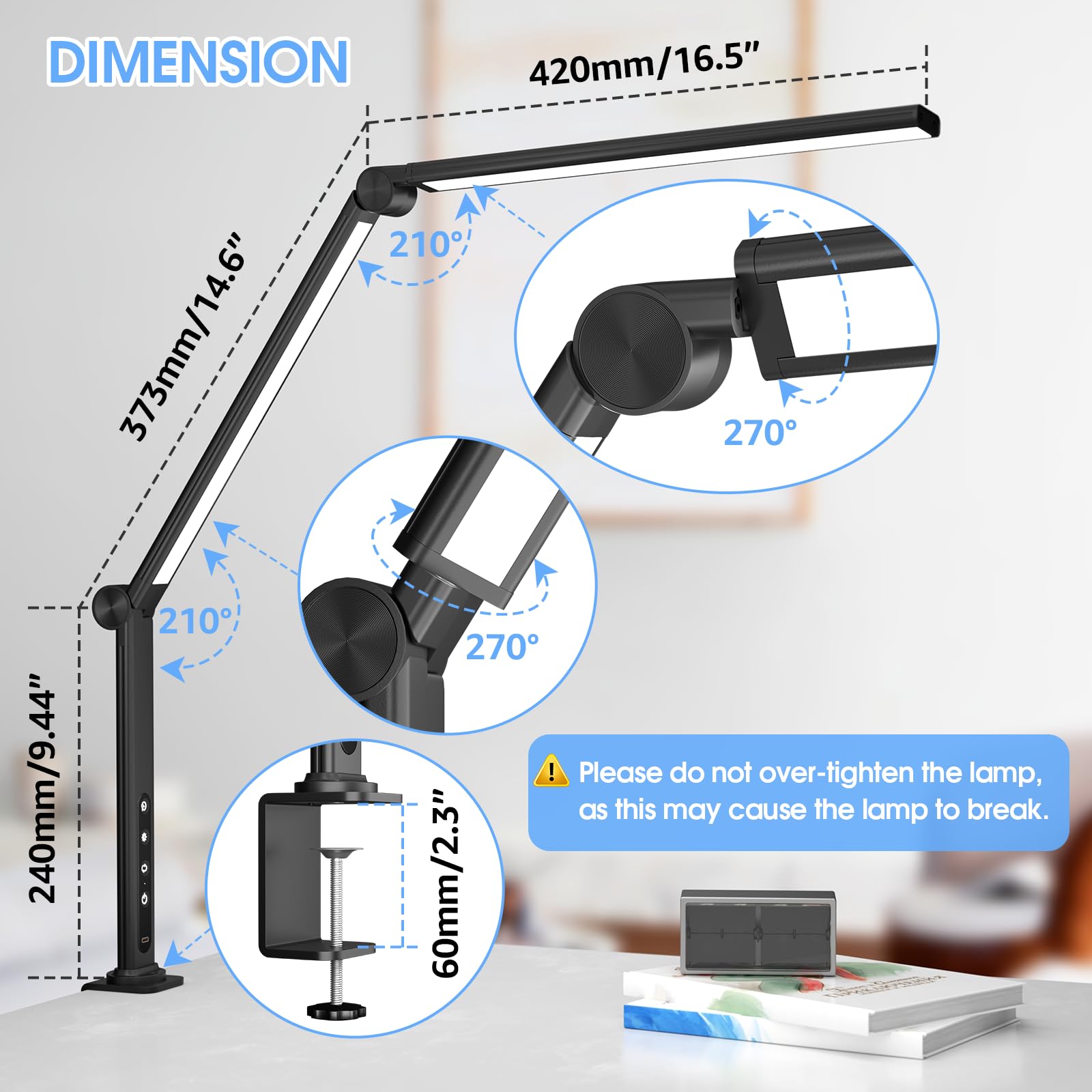 ShineTech LED Desk Lamp, Architect Design, 4CCT Modes, 5 Brightness Levels, Black, Model QY-ZDD01-B