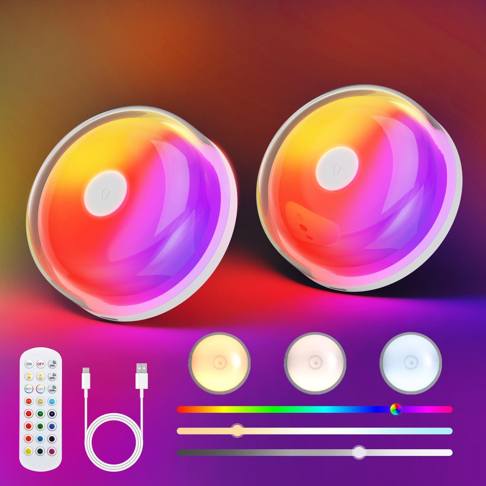Funlenry Rechargeable Shower Light No Wiring - 15 Color Changing Mood Light For Shower Bathroom Closet Bedroom Livingroom, 2 Pack