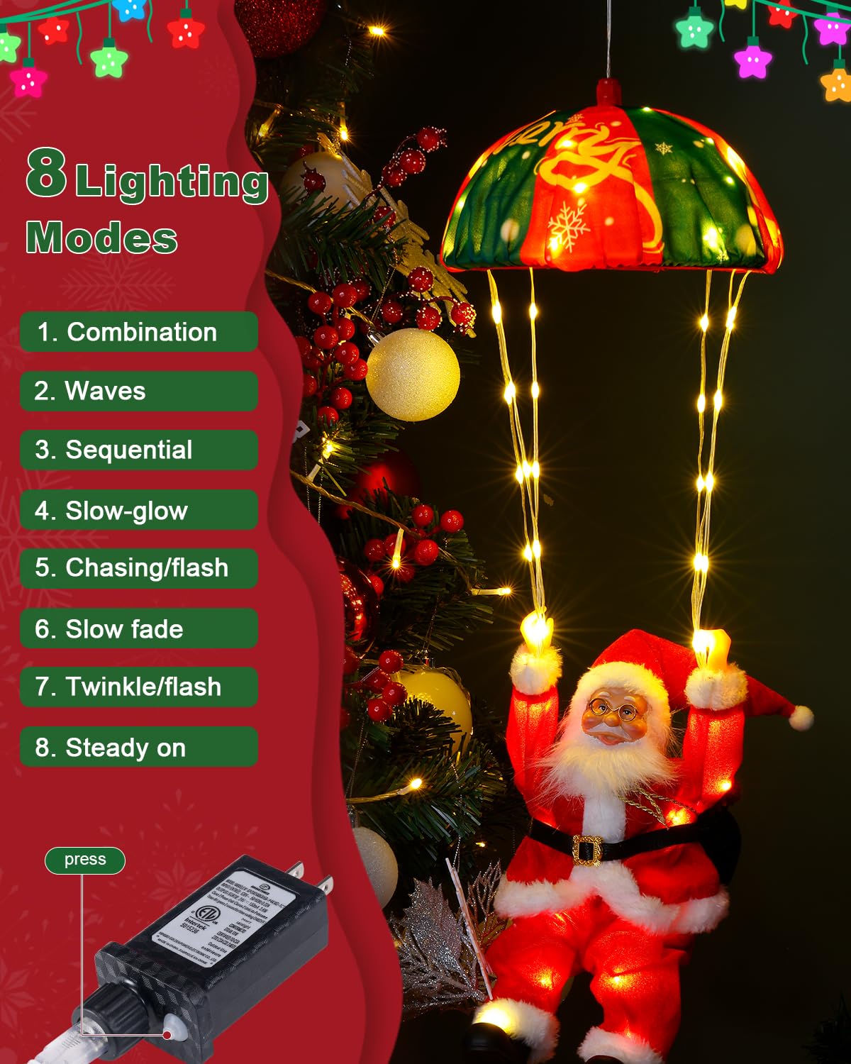 Christmas Parachute Santa Lights - Plug in Set of Two Santa Lights with 8 Lighting Modes and Timer, Hanging Lighted 2 Santa Clau