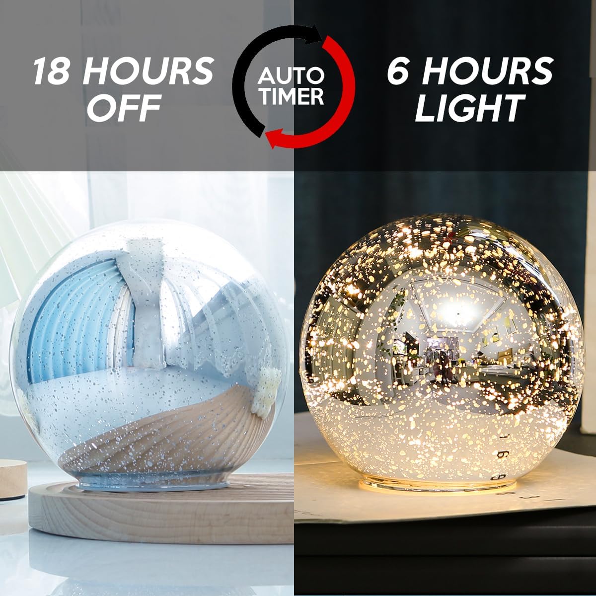 Kaowod Lighted Mercury Glass Ball Table Lamp - 6 Inch Silver Orb with Timer, Battery Operated Night Light for Home Décor