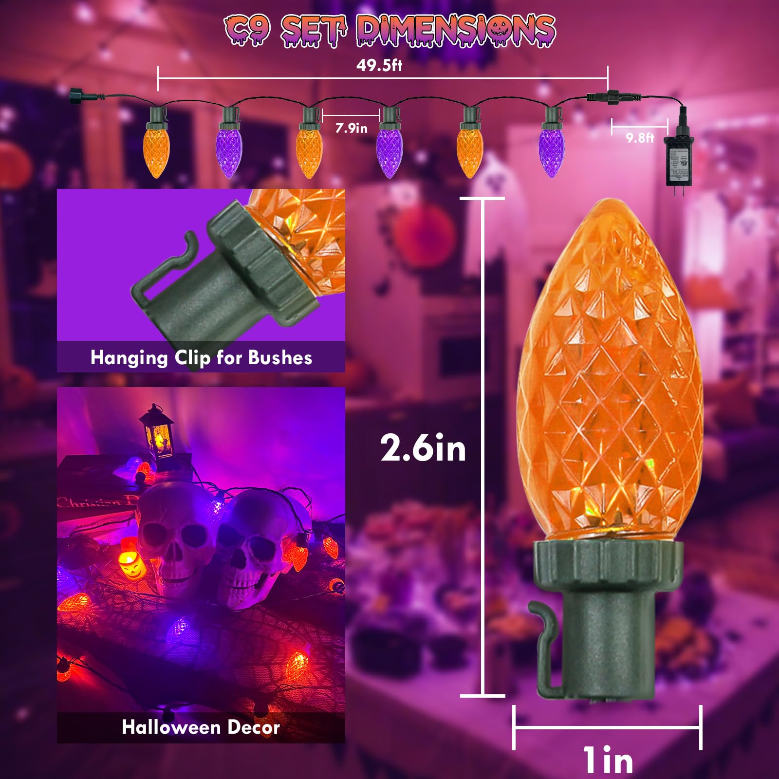 LORRYTE 2PK C9 Halloween String Lights - 100 LED, 98FT, Purple & Orange, 13 Modes, Waterproof, Indoor/Outdoor Decorations