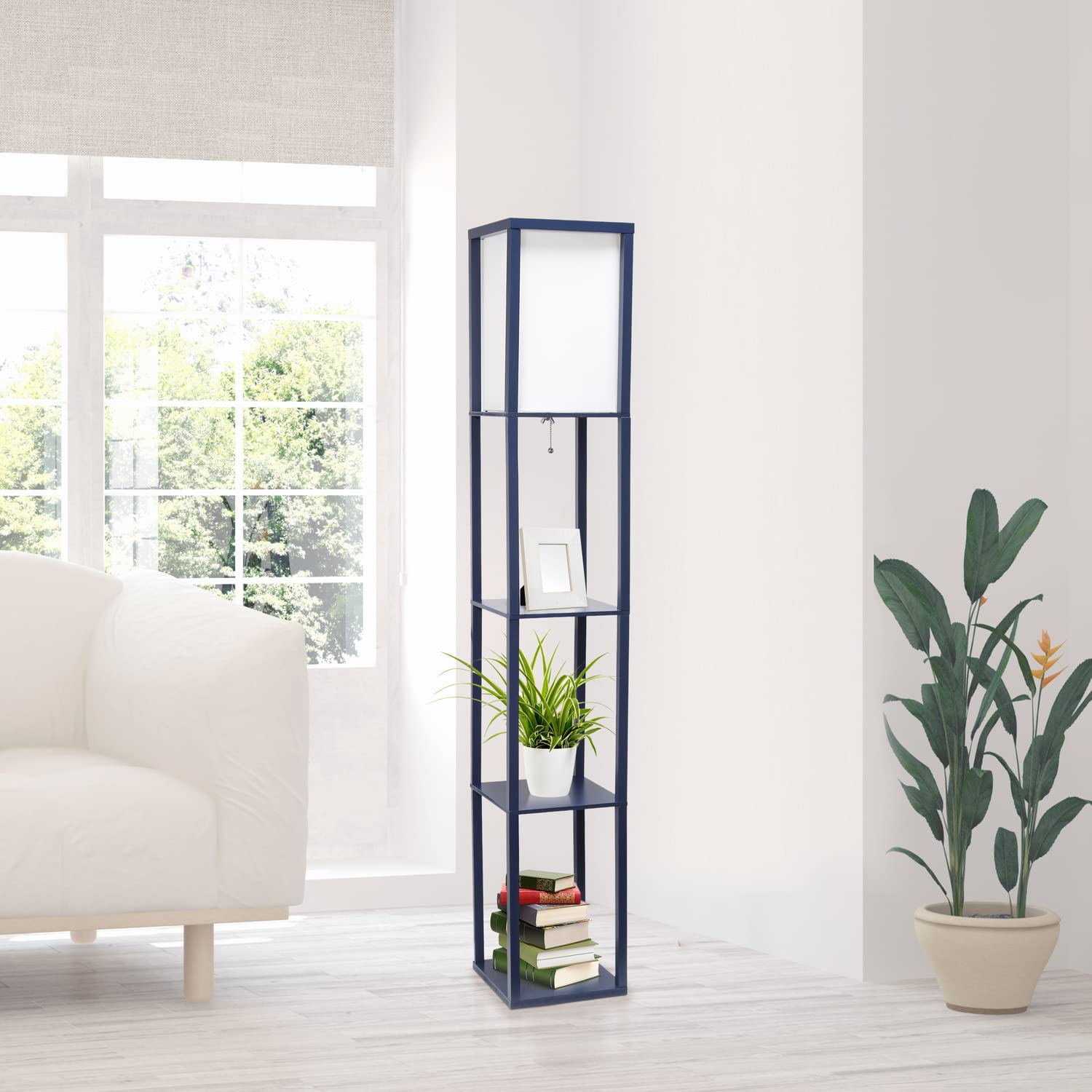 LALIA HOME Column Shelf Floor Lamp, Navy Linen Shade, Wood, Model LHF-3004-NV