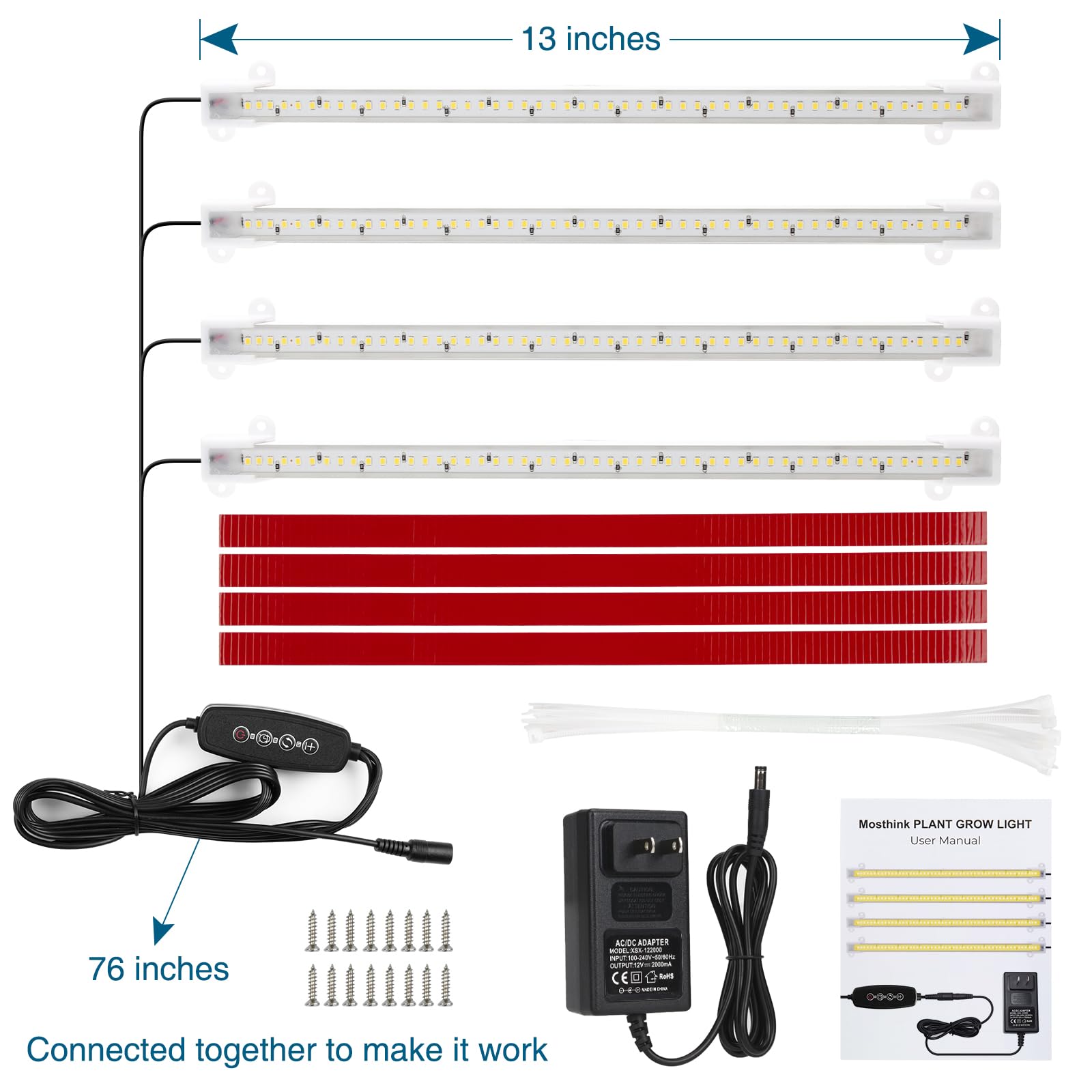Mosthink LED Grow Lights Strips for Indoor Plants, Full Spectrum 5500K, 4 Packs, Aluminum, White, Model F4 2024