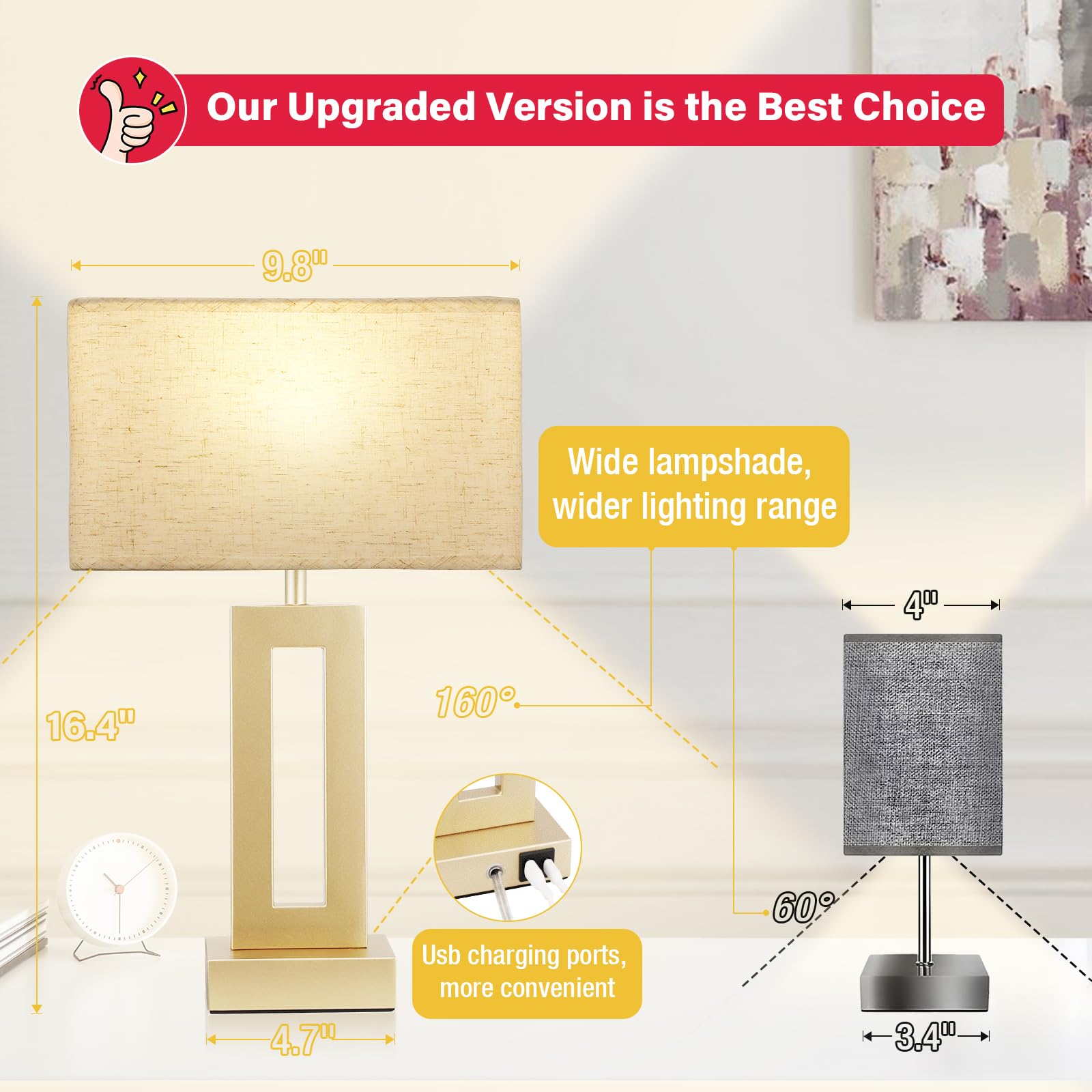 Bedroom Table Lamps Set Of 2 - Beige Gold Touch Bedside Lamps With Usb C+A, 3 Way Dimmable Gold Lamp For Nightstand, Modern Nigh