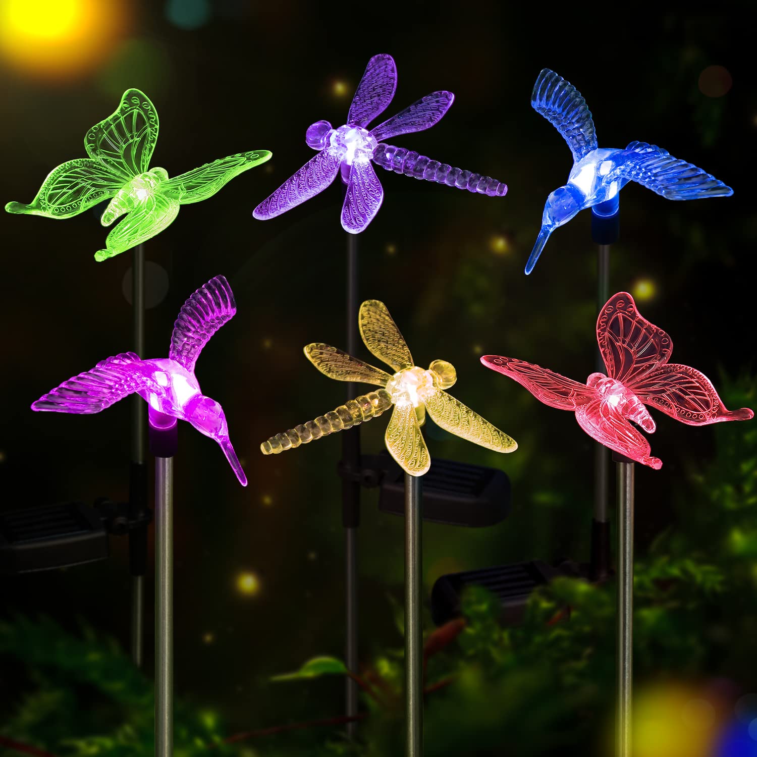 OxyLED Solar Garden Lights, 6 Pack Color Changing LED Hummingbird & Butterfly, Waterproof Plastic, One Size, Multicolor