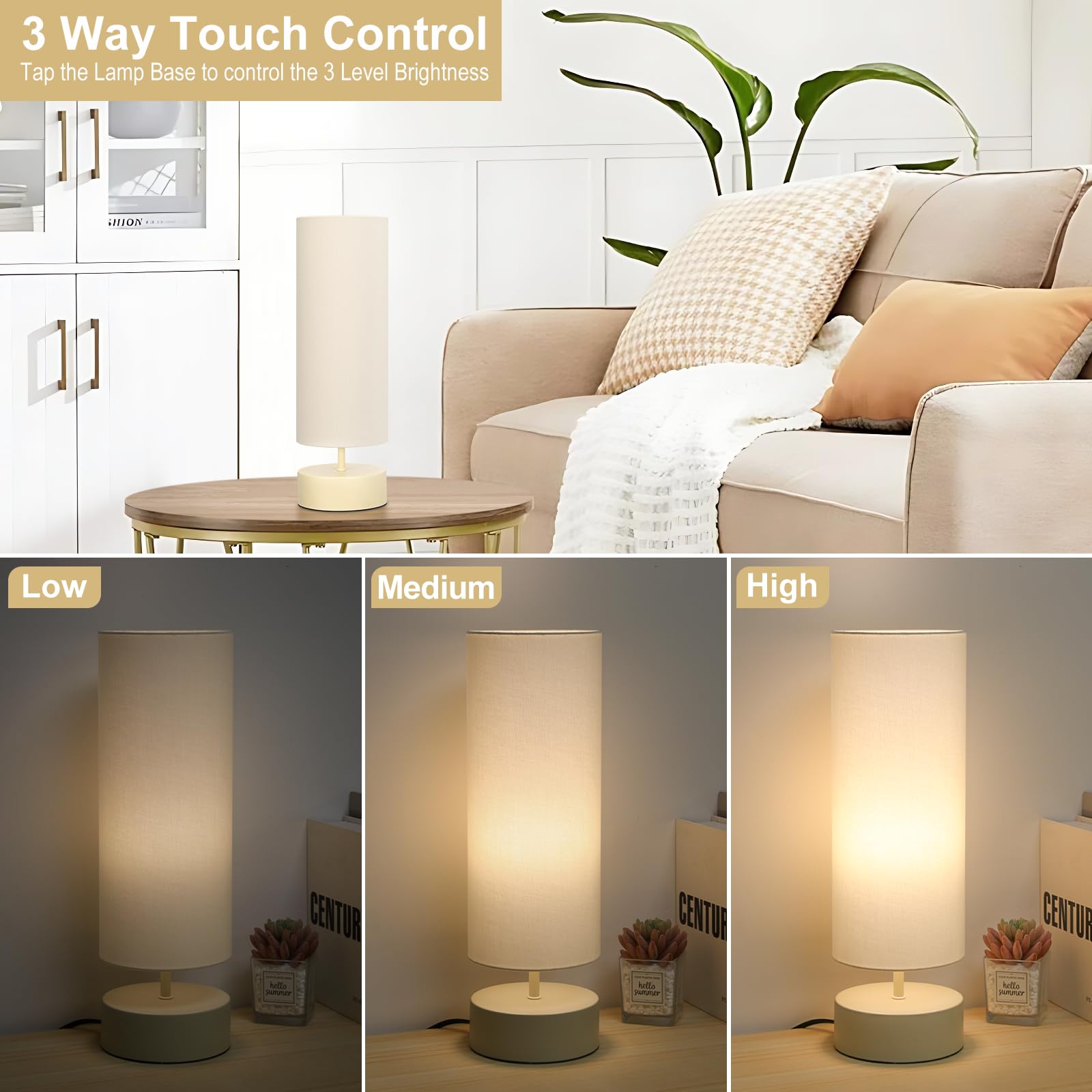 Touch Control Table Lamp, 3 Way Dimmable Bedside Table Lamp With Cream Base, Simple Nightstand Lamp With Beige Shade, Modern Nig