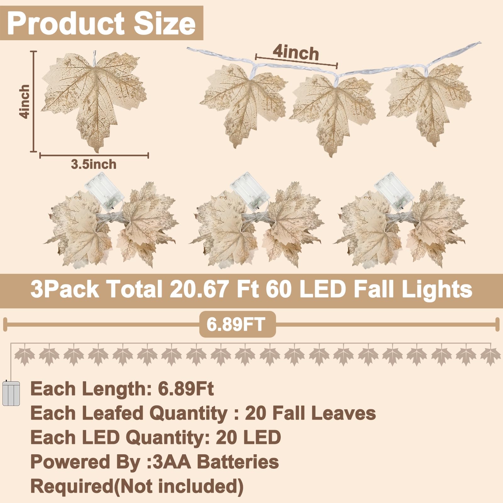 [ Timer & 3 Pack ] Fall Lighted Garland Halloween Fall Decor, 20Ft 60LED Autumn Maples Leafed Garland Waterproof Battery Operate