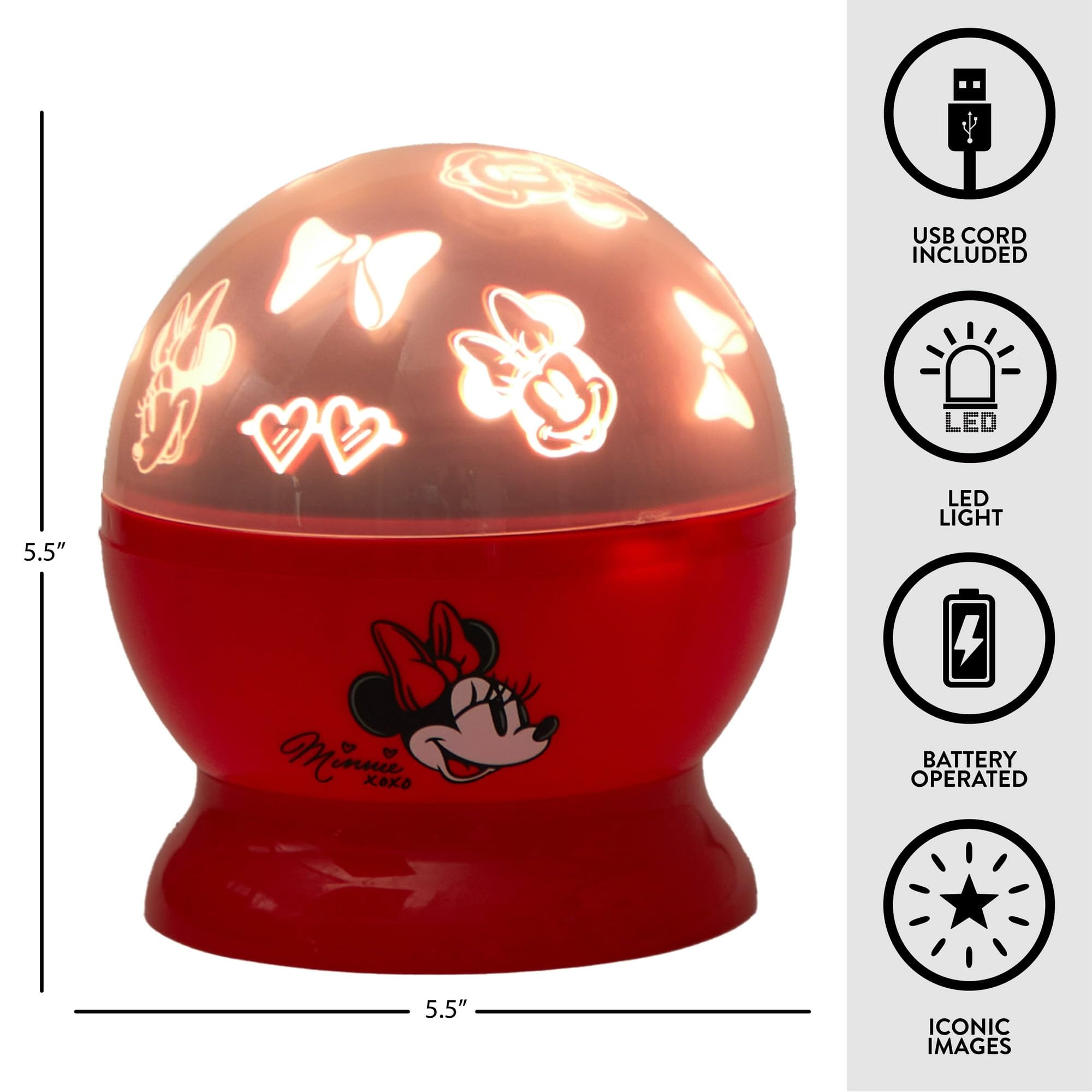 Idea Nuova Minnie Mouse Rotating LED Projector Lamp, Battery/USB Operated, Red, Model WK322101