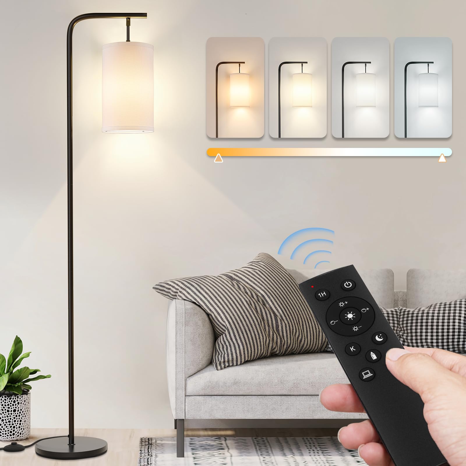 Coucrek Floor Lamp for Living Room, 9W LED Bulb, Remote Custom Color Temperature & Brightness, Tall Standing Lamps for Bedroom O