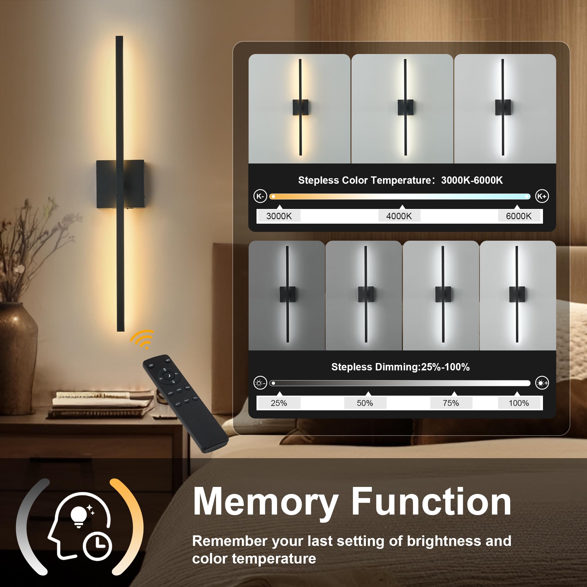 KARTOOSH Wireless Wall Sconce Lamp, Rotatable, Remote Control, Adjustable Light, 28.3" Black, Battery Operated, Model ZM320BBL70-1A-N