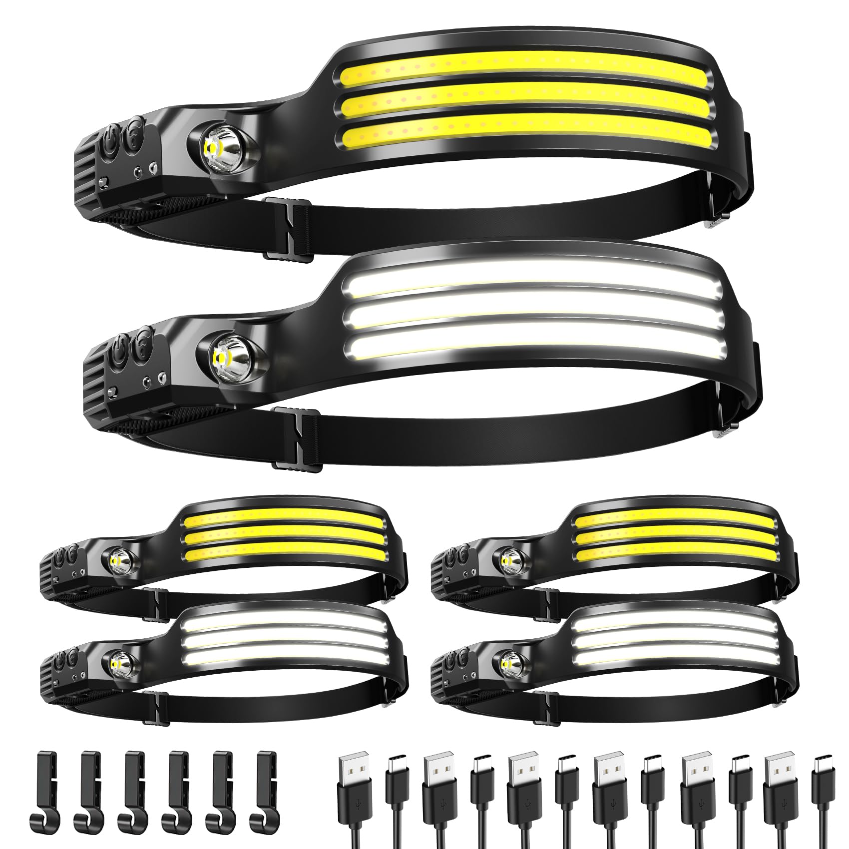 Axrunze 6 Pack Headlamp Rechargeable, Led Headlight Flashlight Super Bright With 230 Wide Beam, Motion Sensor, 5 Modes Waterproo