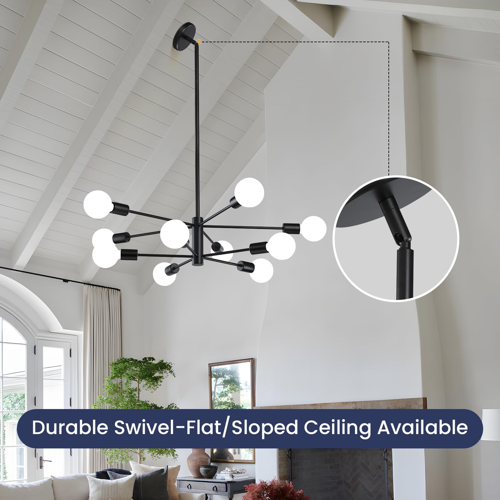RUIYEY Modern Sputnik 10-Light Chandelier, Adjustable Black Ceiling Fixture for Dining Room, Kitchen Island, Living Room