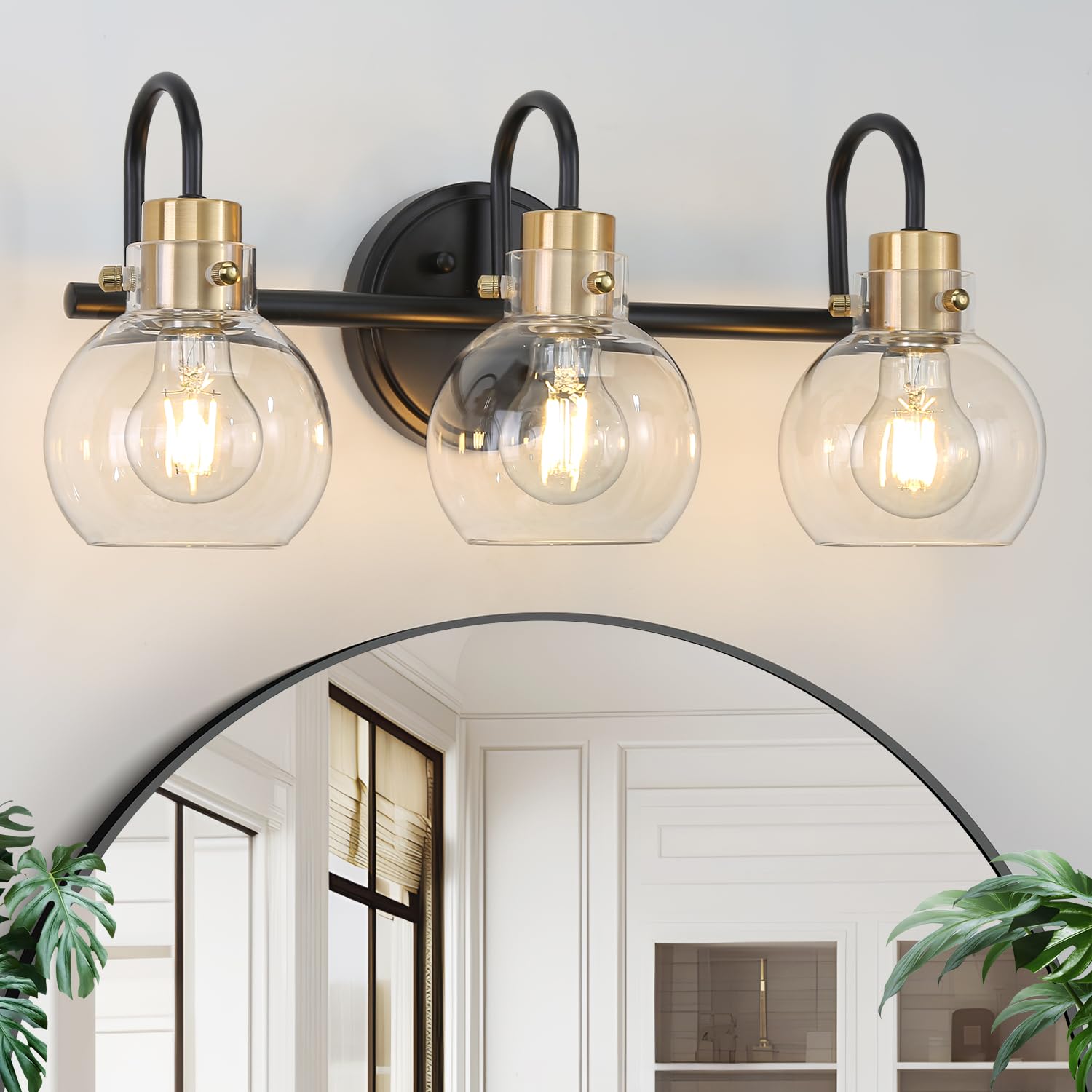 Apenath 3 Lights Bathroom Light  Black Gold Vanity Light Fixture  Wall Sconces with Globe Clear Glass Shade  Farmhouse Wall Mount Lamp for Mirror  Kitchen  Porch  Living Room  Workshop