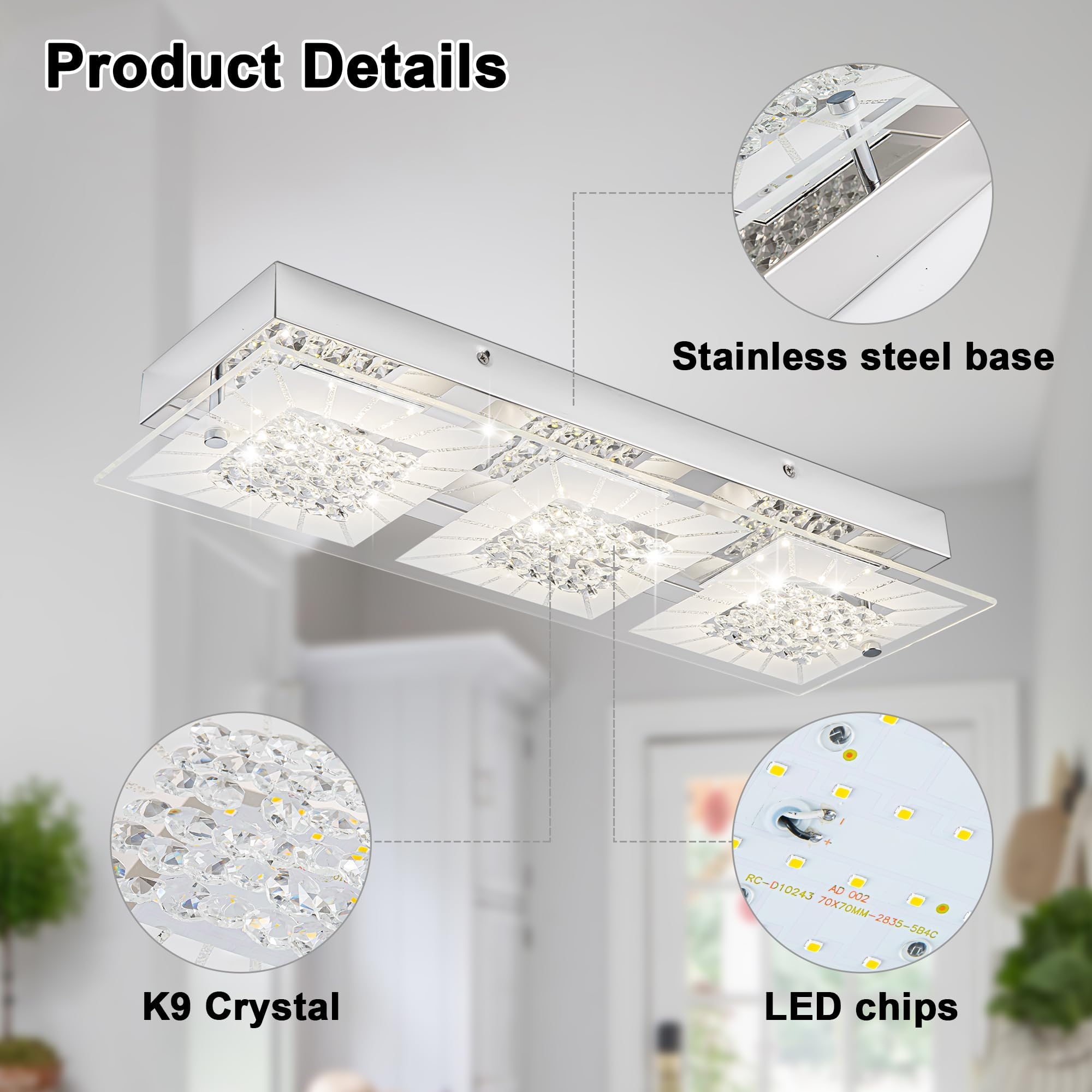 Lzawvm 18&quot; Dimmable Led Crystal Flush Mount Ceiling Light 4000K For Kitchen & Bathroom