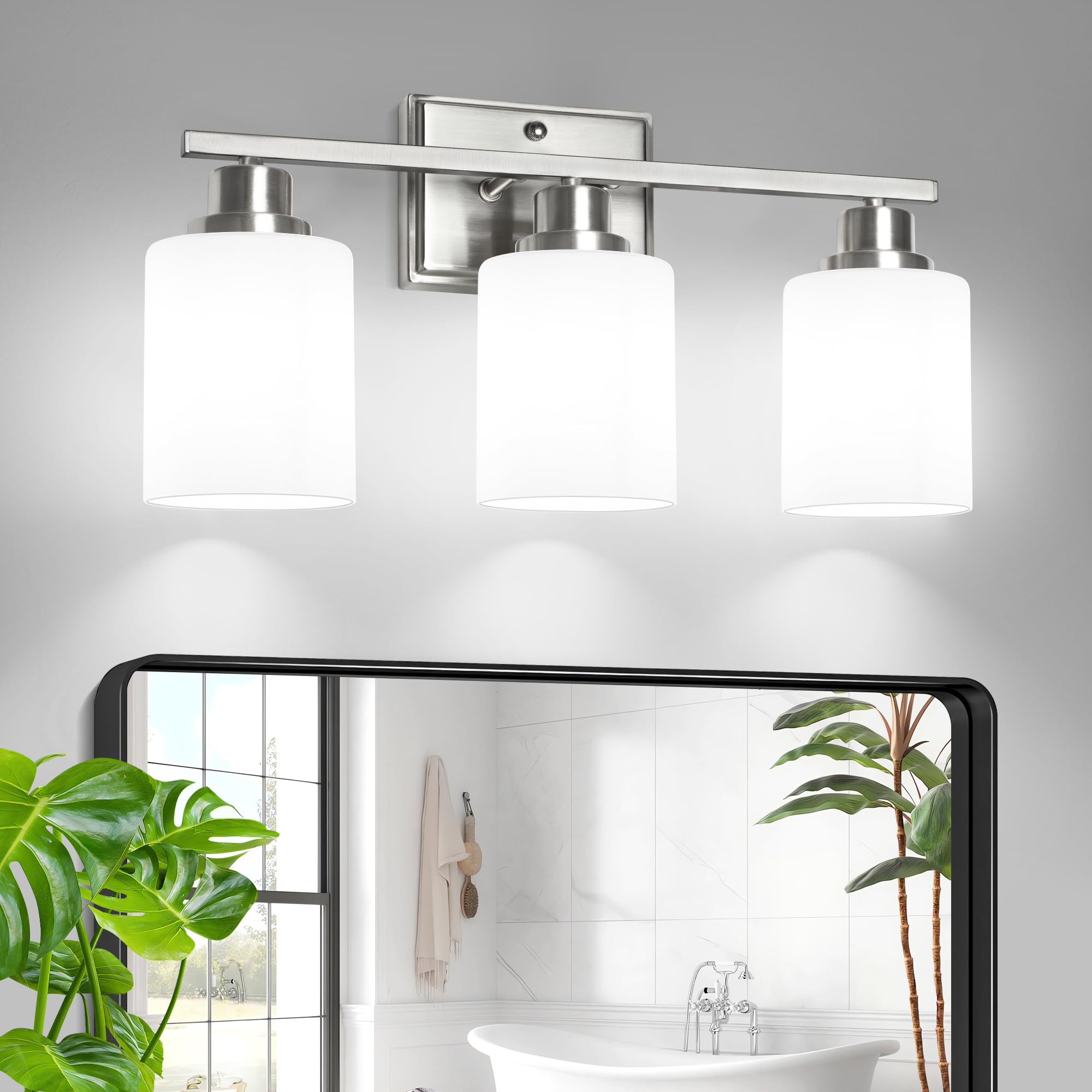 Unicozin 3-Light Bathroom Light Fixtures  Modern Brushed Nickel Vanity Light Over Mirror  Wall Sconces with Milky White Glass Shades for Living Room Bedroom Hallway E26 Base