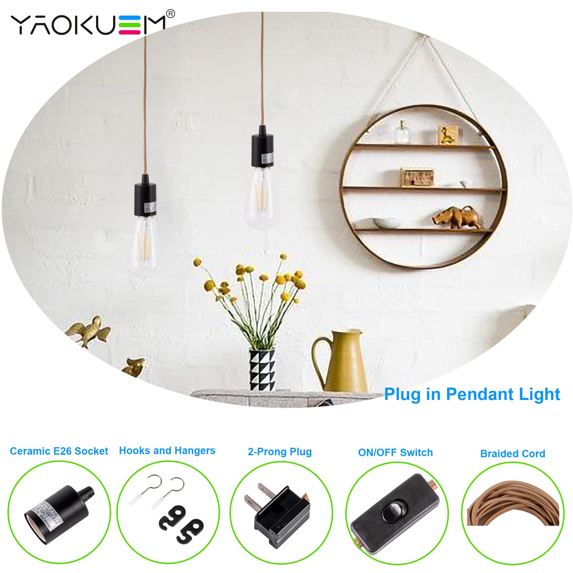 Yaokuem Pendant Lighting, Plug In Hanging Light Kits With On/Off Switch, 15 Feet Cord Kit, Bulb Not Included, Bronze, 3 Pack