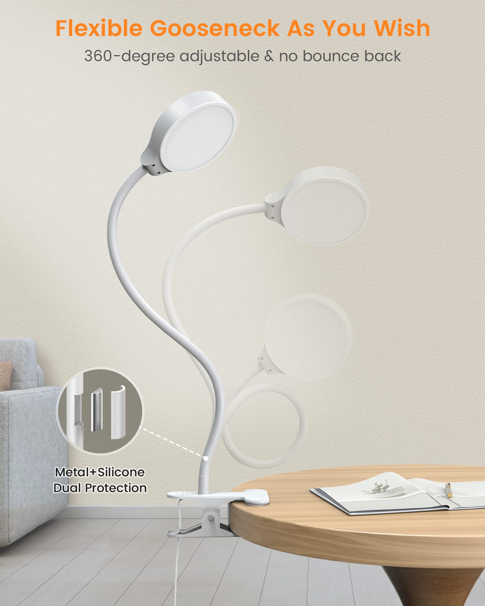 Glocusent 5W Clip-on Light, 36 LED Reading Lamp, 3 Colors & 5 Brightness, Model GLCSNTBL201, White