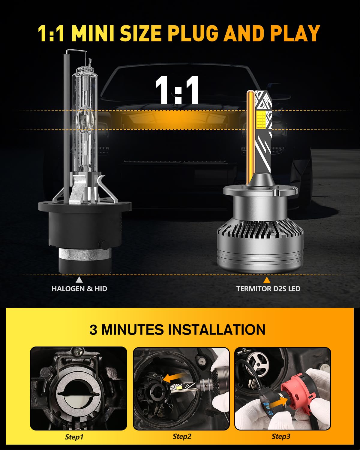 Termitor D2S LED Bulbs - 36,000LM 6500K Cool White, Plug and Play Xenon HID Replacement, Pack of 2