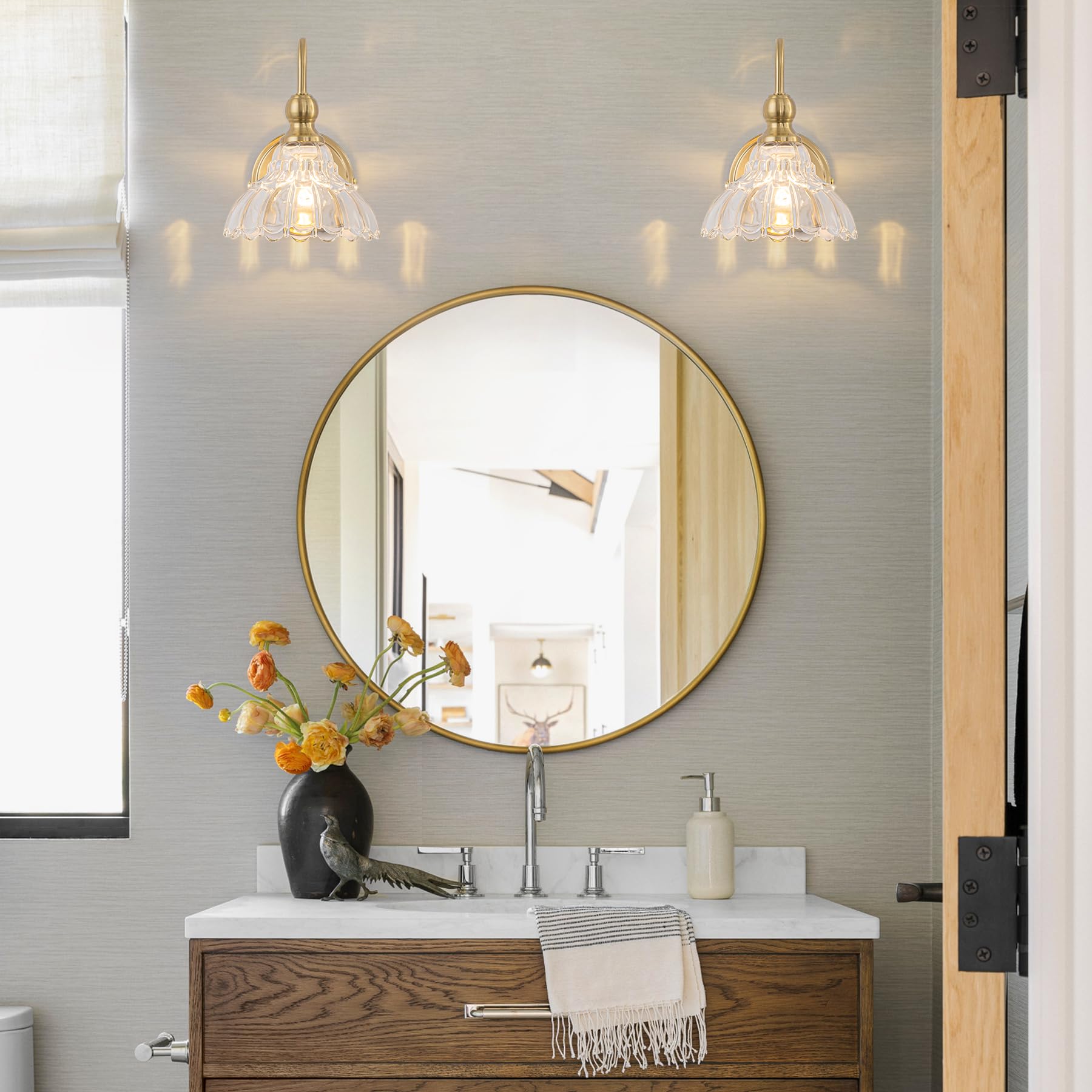 Brknit Vintage Bathroom Light Fixtures Over Mirror  1-Light Brass Wall Sconce Lighting With Flower Glass Shade  Farmhouse Vanity Lights For Bedroom Kitchen Living Room Hallway Light