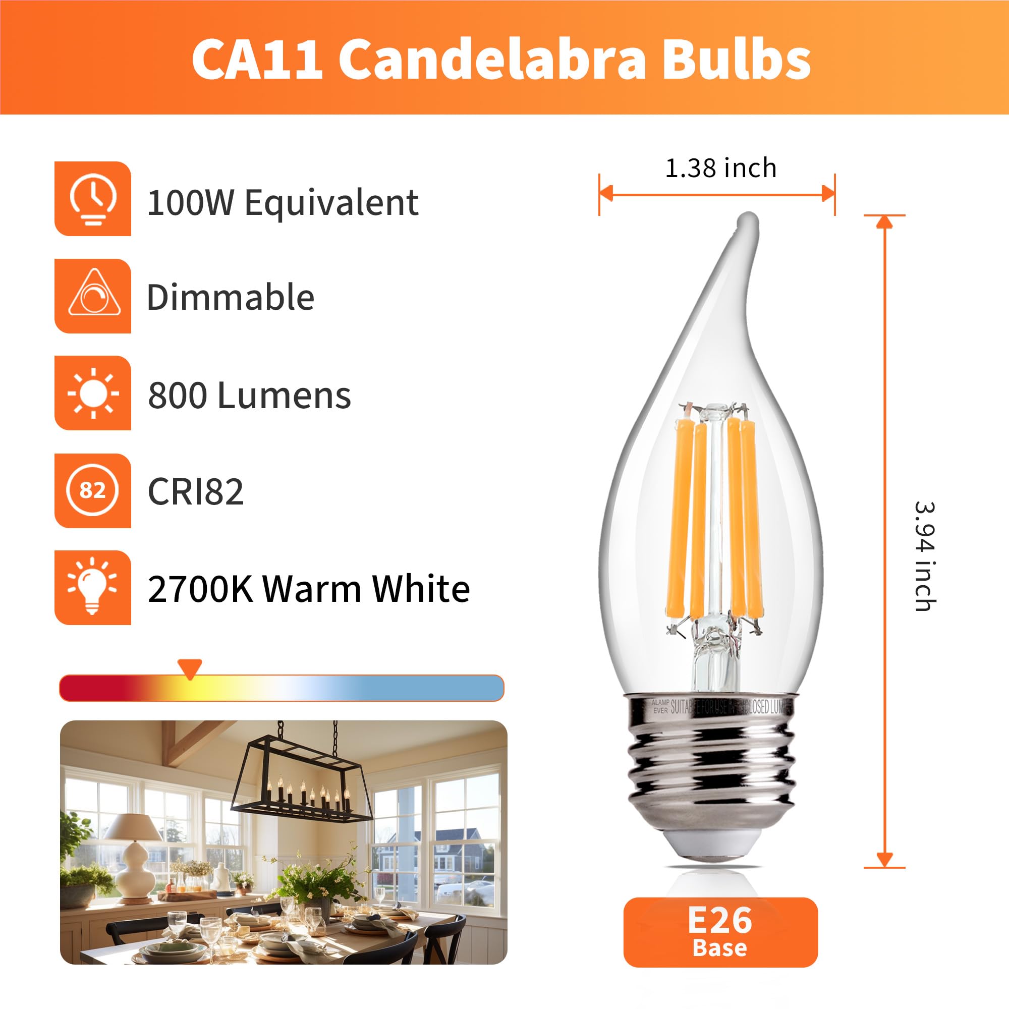 Alampever 800Lm Super Bright Dimmable Led Light Bulb, E26 Led Bulb 100 Watt Equivalent, Ca11 2700K Soft White Led Candelabra Bul