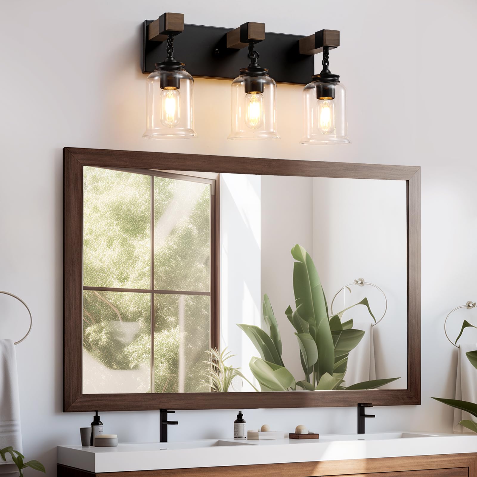 Farmhouse Bathroom Light Fixtures, 3-Light Matte Black Bathroom Vanity Light, Industrial Style With Clear Glass Shades, Lighting