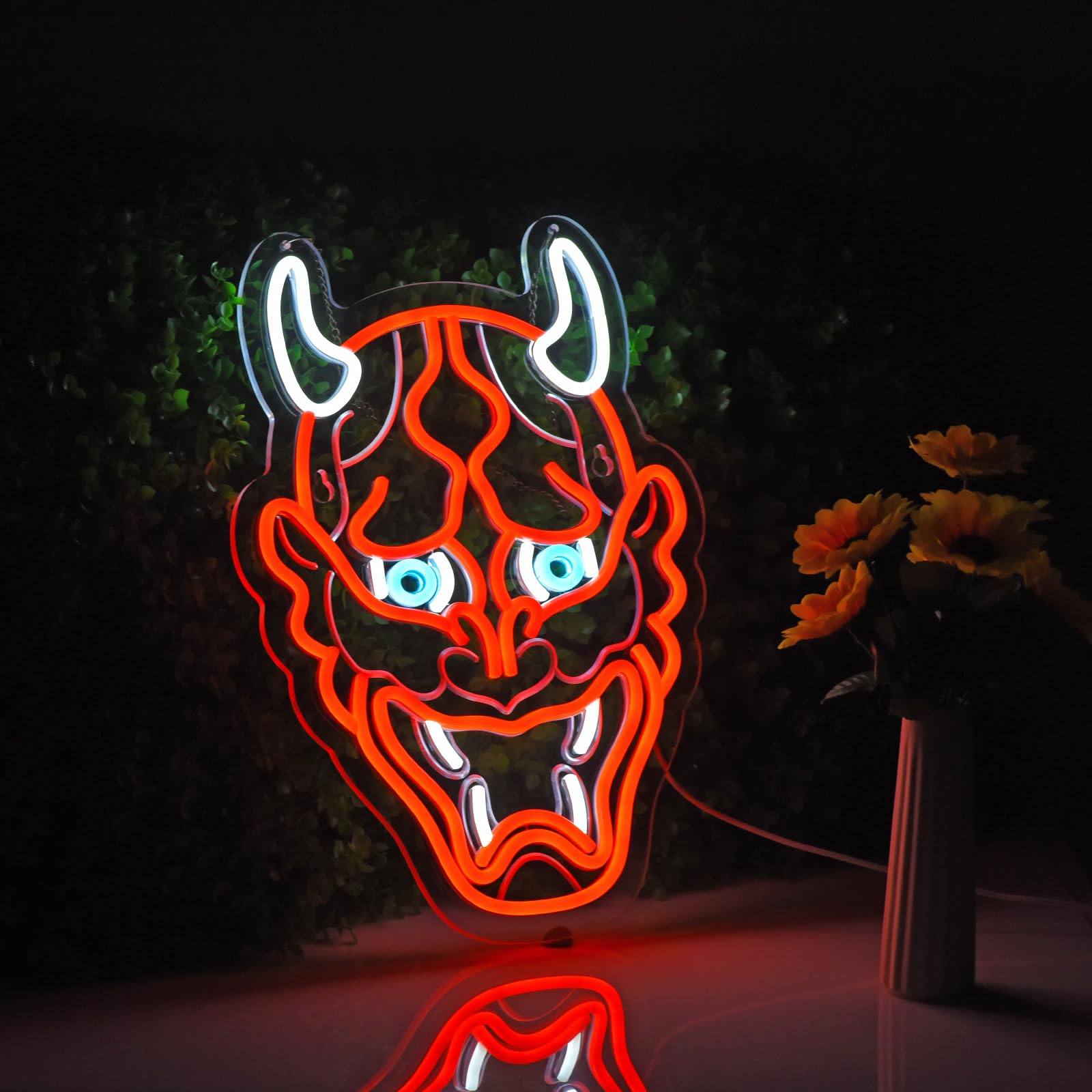 ZODZ Neon Hannya Mask Sign for Wall Décor, Dimmable LED Light, USB Powered, Red+Blue+White