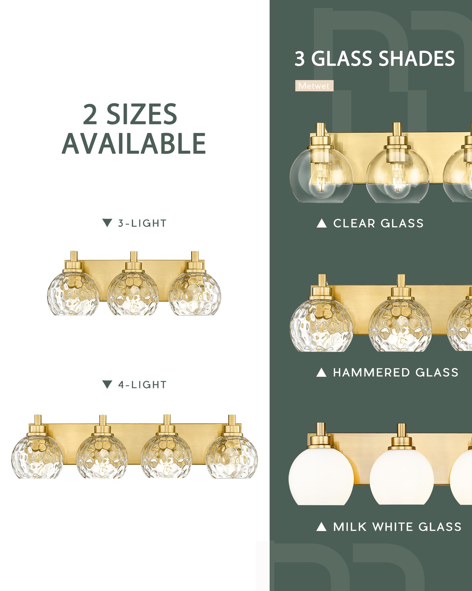 METWET 3-Light Bathroom Vanity Light Fixture, Brushed Gold with Clear Hammered Glass Shade, Model VL200-BG-3