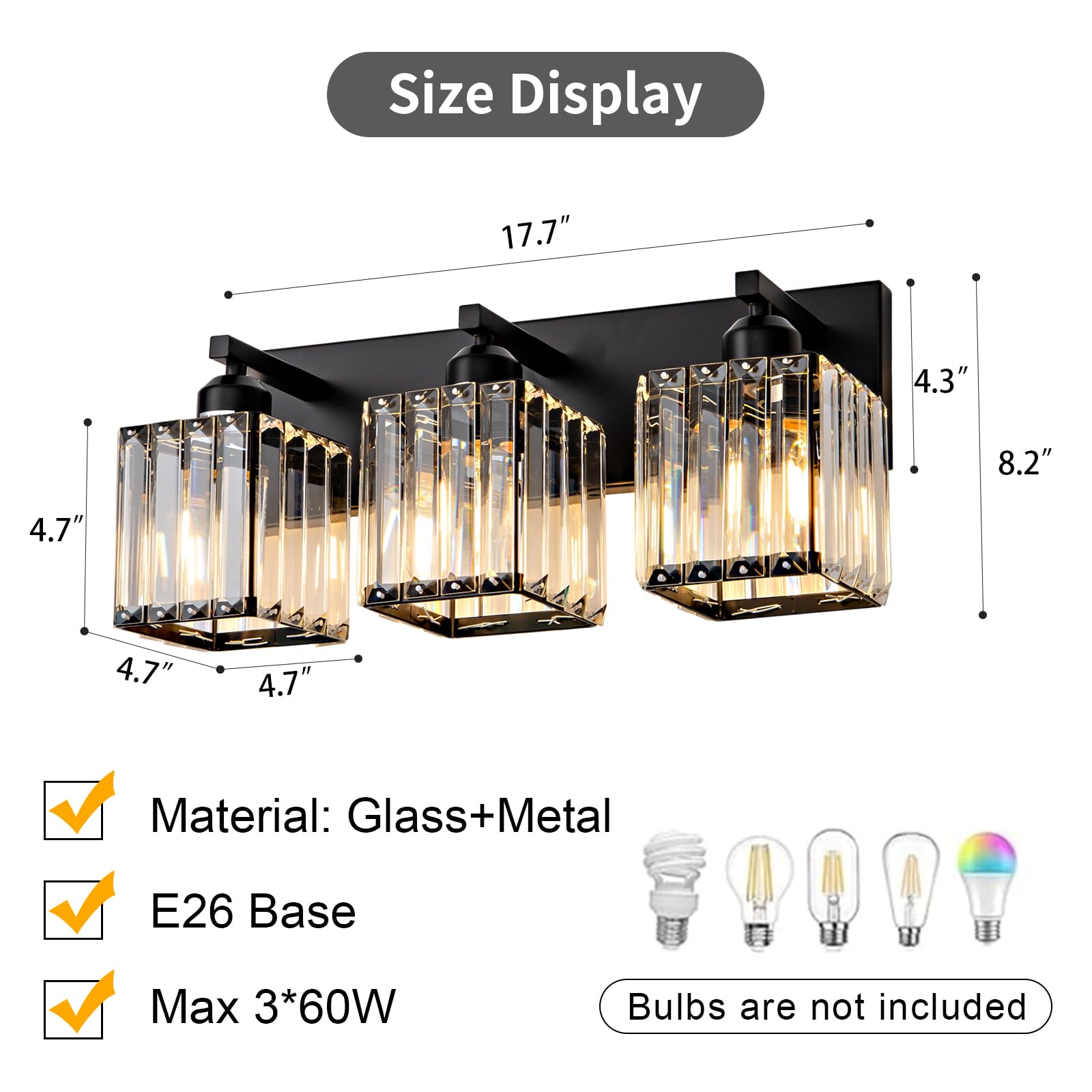 Aixialin Black Bathroom Vanity Light, 3-Light Crystal Wall Fixture, Metal, Model 600-100-1011