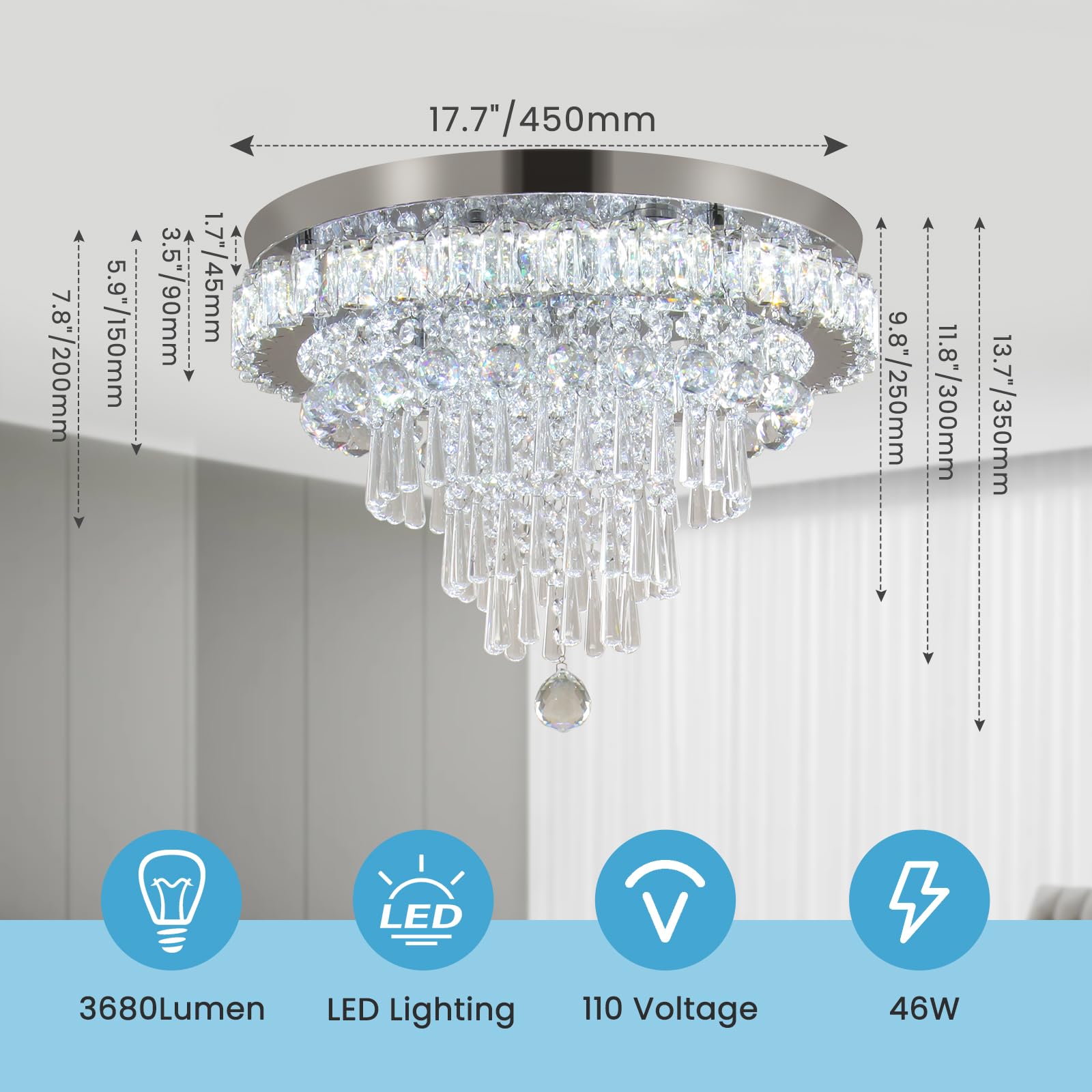 FRIXCHUR Crystal Chandelier LED Ceiling Light Fixture, Dimmable, Large, Stainless Steel, Model QH-MC109, 17.7 Inch