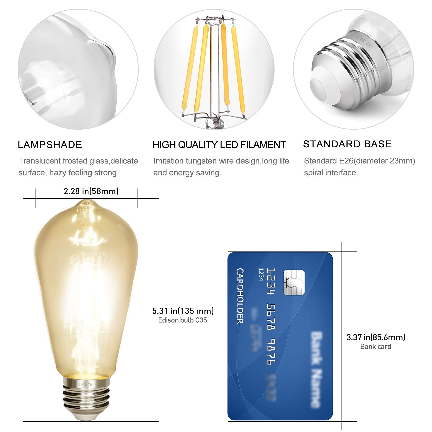 Notoc Led Edison Bulb - Antique 40W Non-Dimmable Light Bulb, 450 Lumens, Daylight White 5500K, Pack Of 3, Glass Material