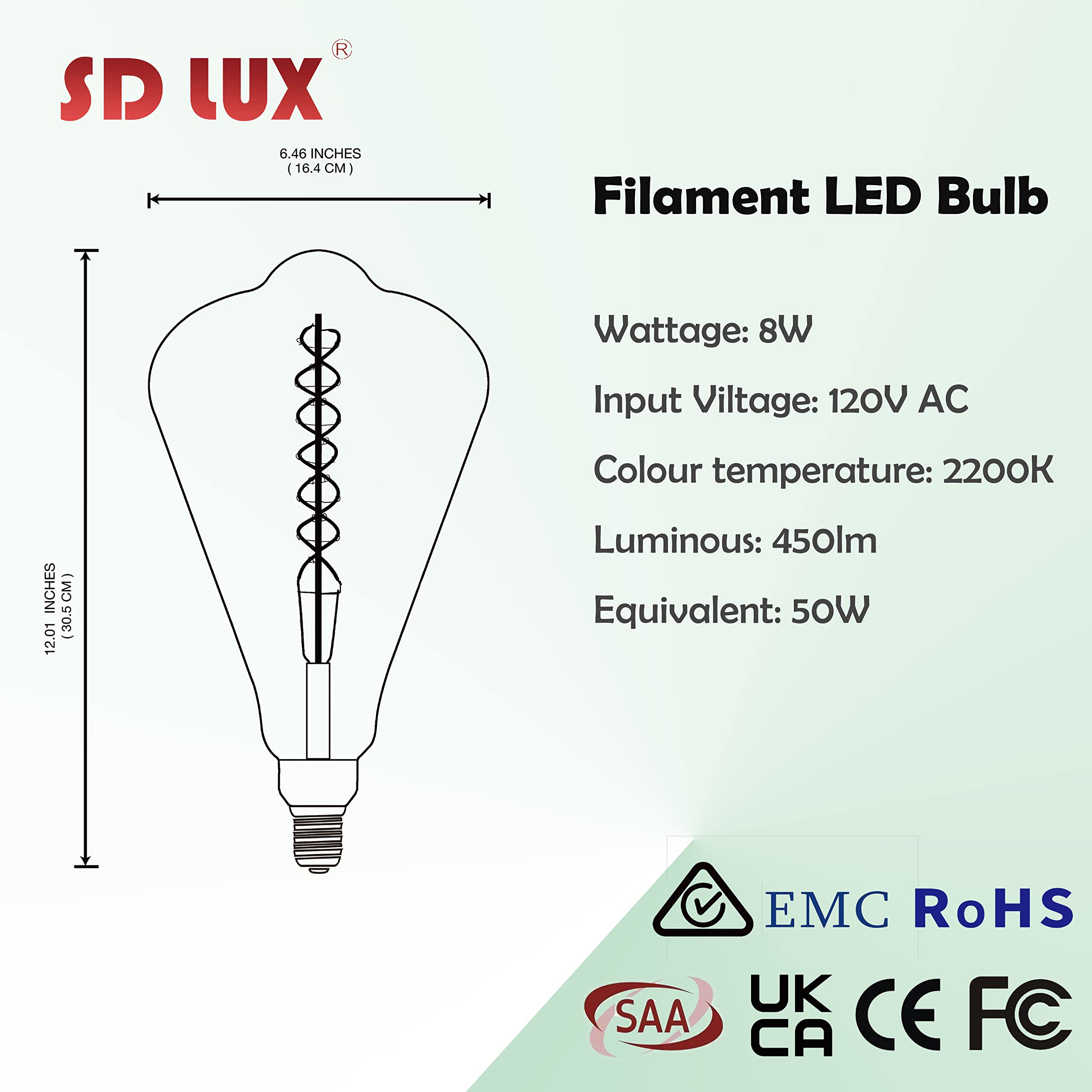 SD LUX Oversized Vintage LED Bulb 8W Dimmable 2200K Warm White Extra Large Glass Amber E26 Base Model FLBIG