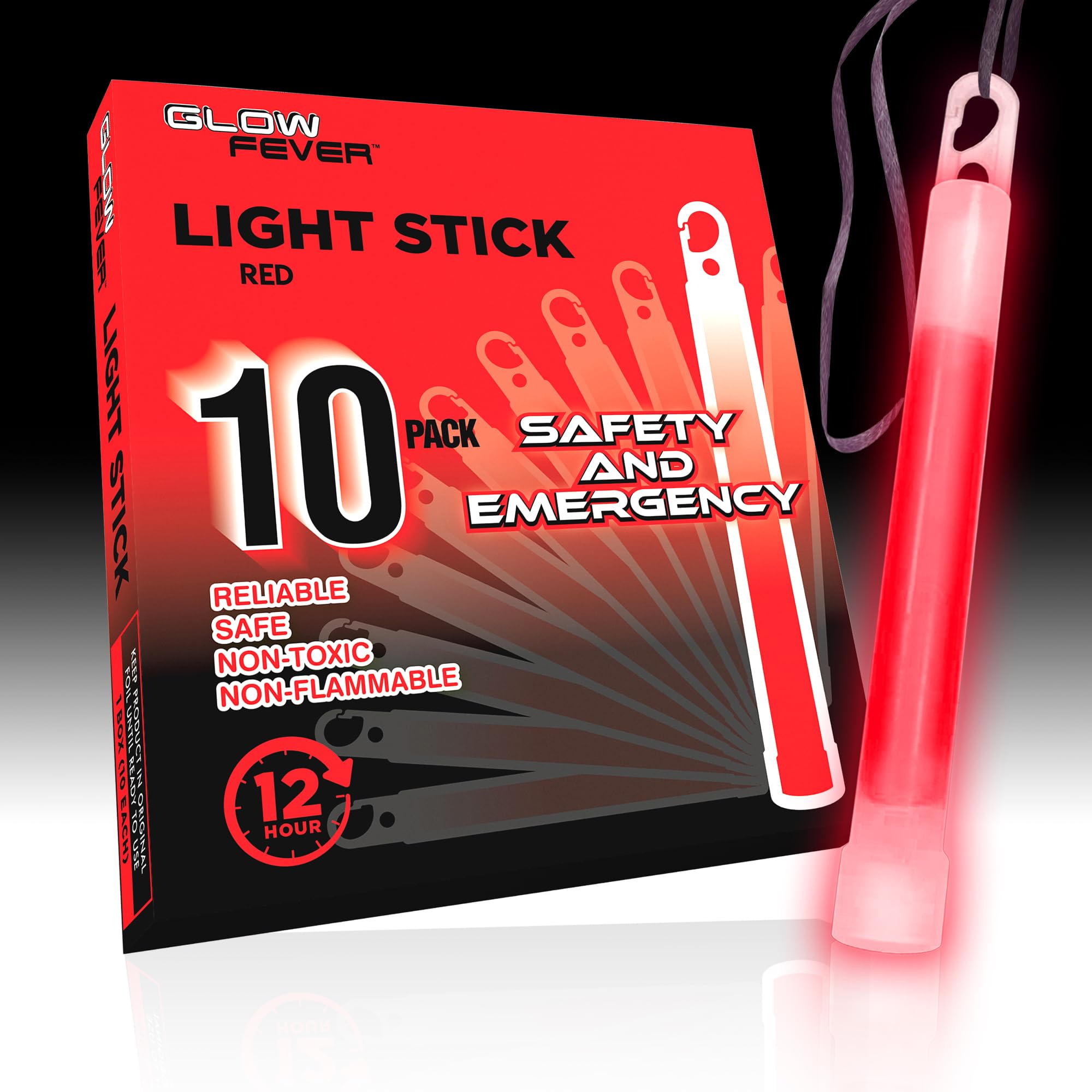 Glow Fever Emergency Safety Military Grade Glow Sticks; 10Pcs, 6&quot; Ultra Bright Glow Sticks With 12 Hours Duration. Great For Hiking, Party, Camping, Blackouts, Hurricane And Survival Kits (Red)