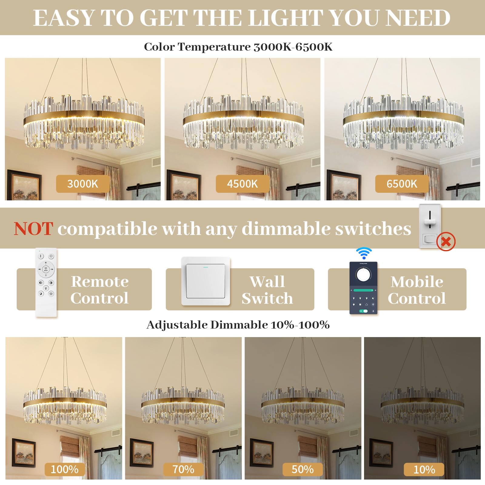 ALIYIQI 23.6" Dimmable LED Crystal Chandelier, Gold Pendant Light with Remote, Modern Fixture for Dining Room, Kitchen, Entryway