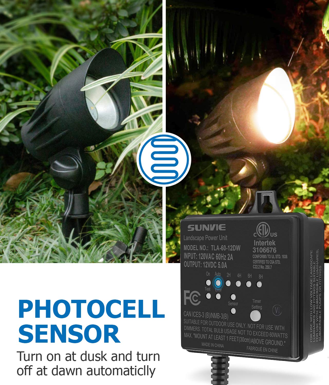 SUNVIE 60W Low Voltage Transformer with Timer & Photocell Sensor, Waterproof for Outdoor LED Landscape Lighting