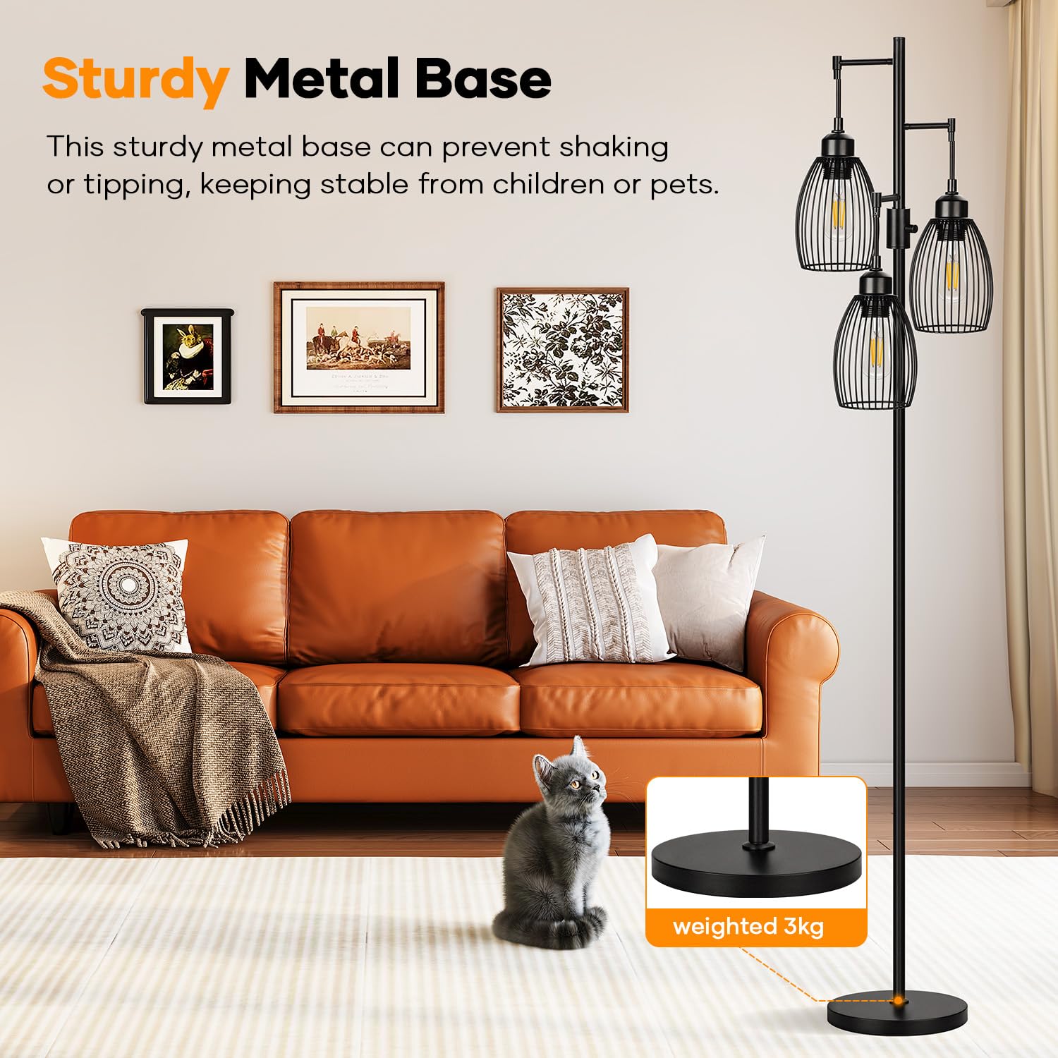 Nintiue Dimmable Floor Lamp - 3 x 800LM LED Bulbs, 70" Matte Black Metal, Model FL1908, Farmhouse Industrial Style for Living Room/Office