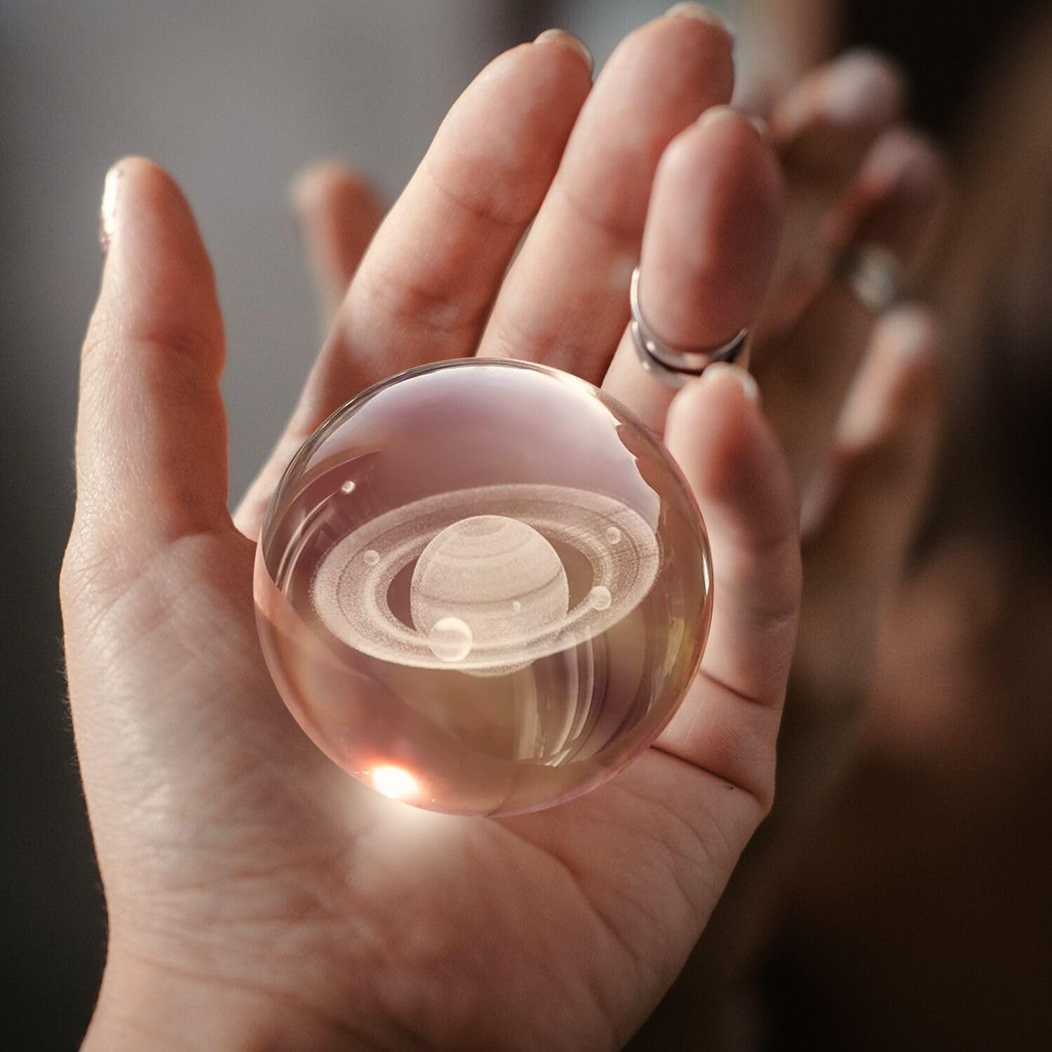 Flexzion 3D Saturn Crystal Ball Night Light - Led Light Hologram Glass Lamp With Solid Wood Base, Usb Powered Crystal Ball Lamp