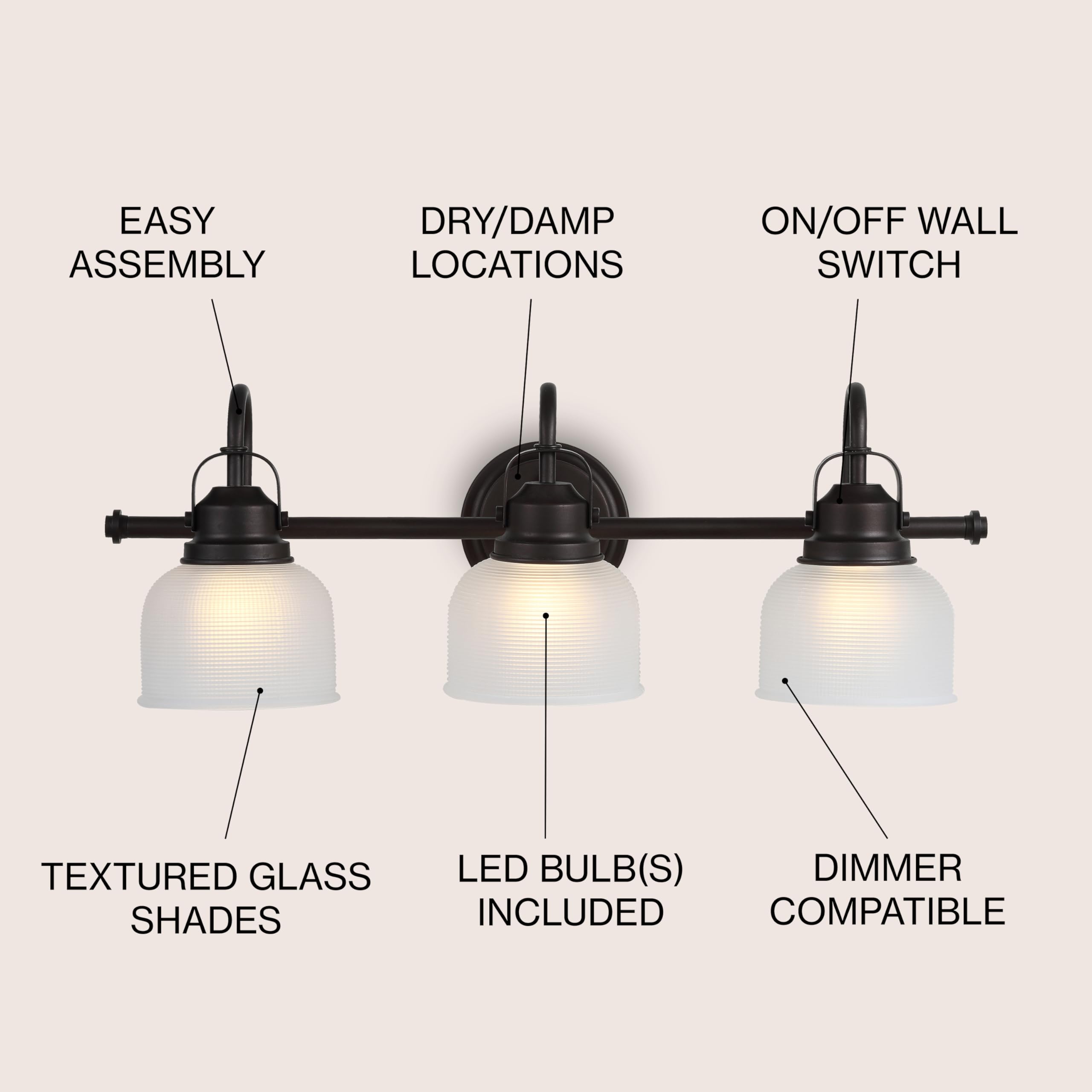JONATHAN Y Virginia 3-Light Vanity Light, Metal/Glass, Oil-Rubbed Bronze, Model JYL7409C, 2700K LED Bulbs