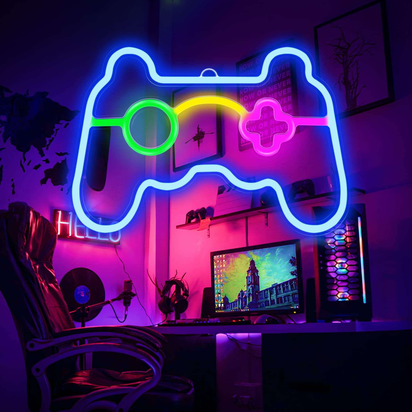 HOYOBEST LED Neon Sign Gamepad Shape for Gamer Room Decor, Colorful, Model HO-NEON