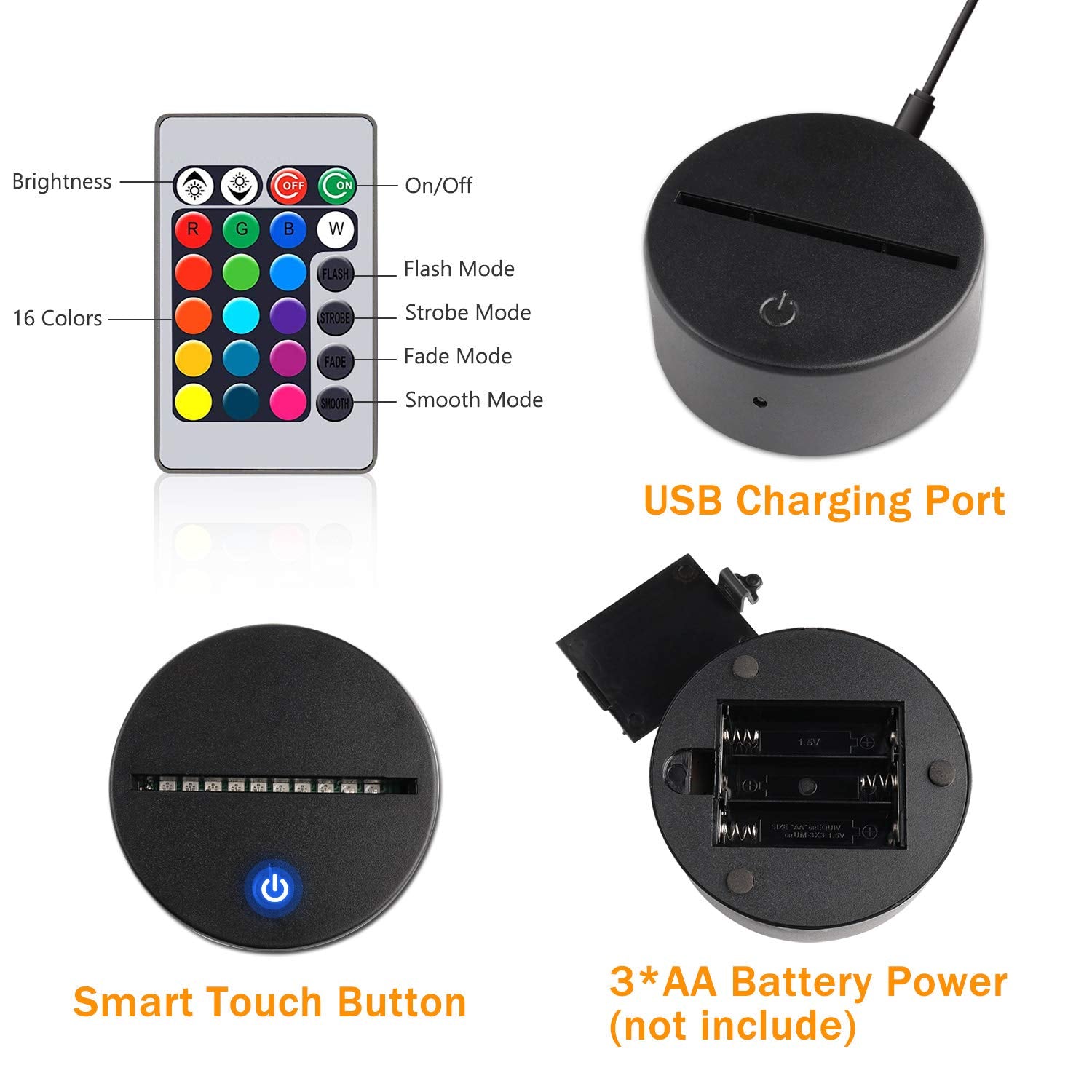 Bassi 3D Owl Lamp - Touch & Remote Control, 16 Color Night Light For Kids & Gifts