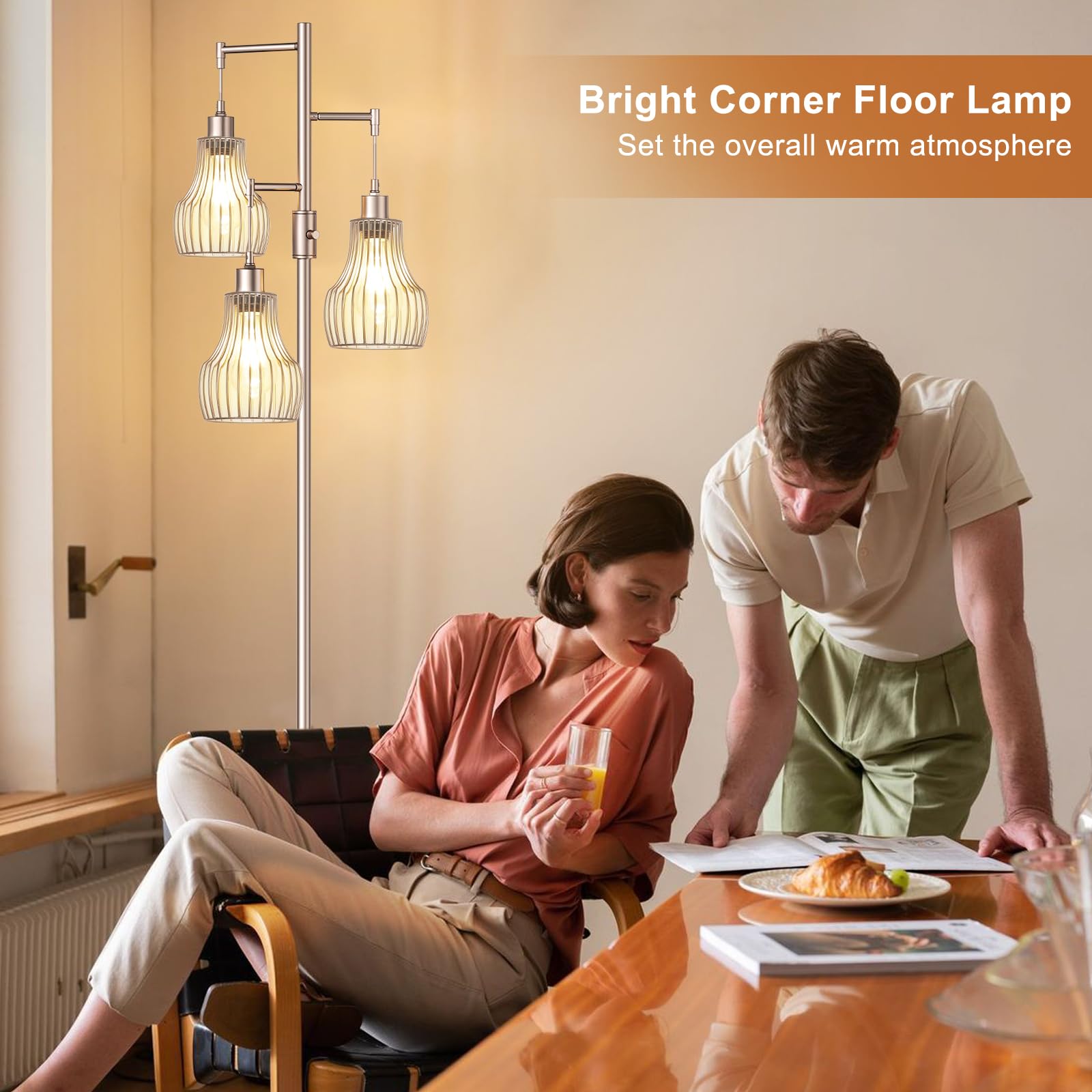 Ziisee Dimmable Floor Lamps For Living Room, Industrial Tree Standing Tall Lamps With 3 Elegant Cage Shade & 650 Lumens Led Bulb