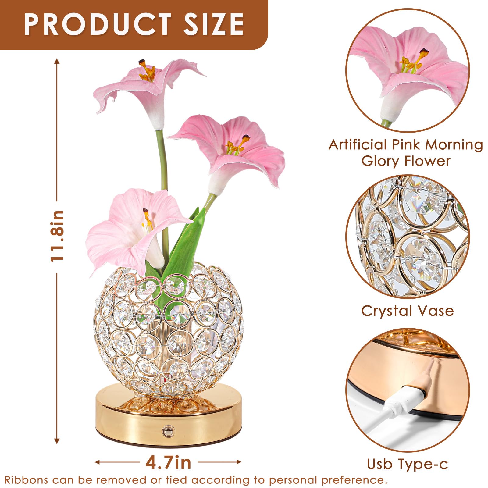 Pink Morning Glory Flowers Table Lamp, Rechargeable Cordless Touch Artificial Flower Crystal Lamp, Kitchen Bedroom Office Decor